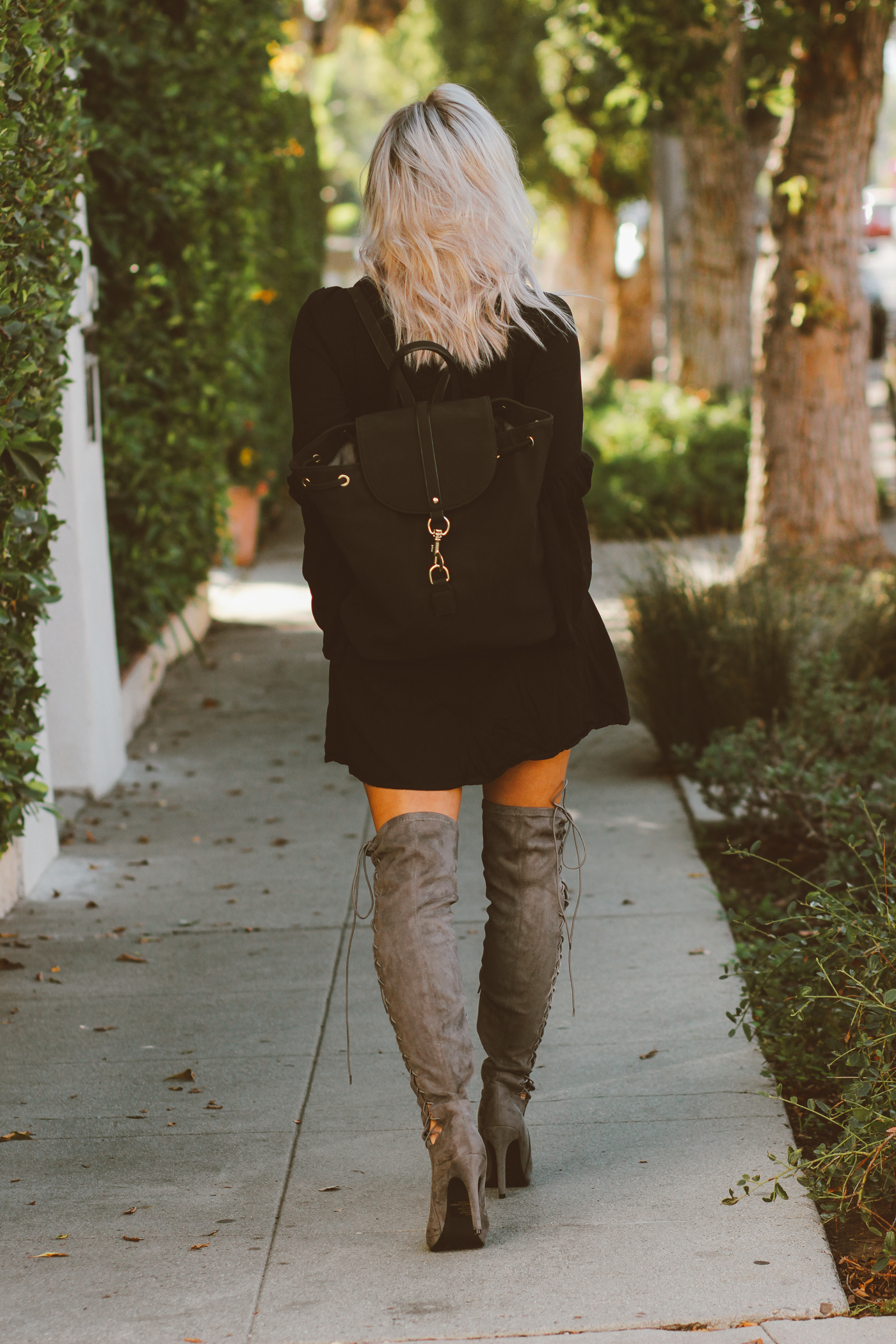 Blondie in the City | Black Bell Sleeve Dress @justfabonline | Suede Thigh High Boots @shoedazzle | Fall Fashion