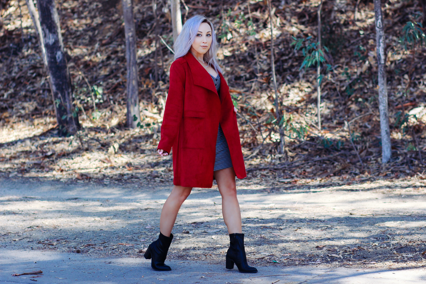 Blondie in the City | Red Coat, Striped Dress @justfabonline | Black Booties @shoedazzle | Fall Fashion