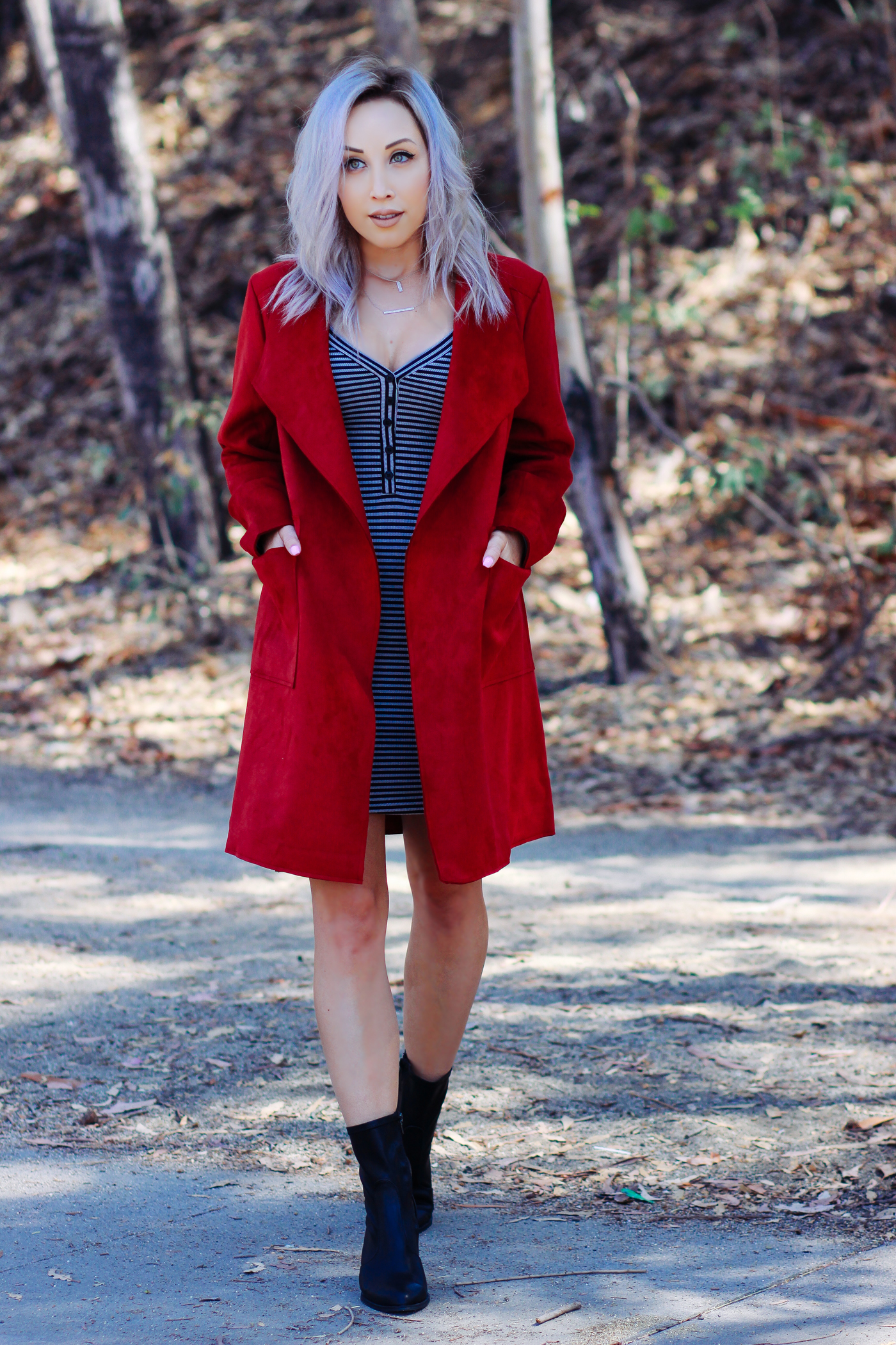 Blondie in the City | Red Coat, Striped Dress @justfabonline | Black Booties @shoedazzle | Fall Fashion