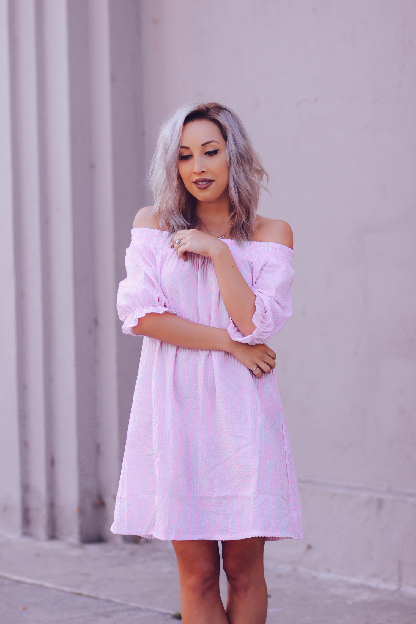 Blondie in the City | Pink Stripe Off The Shoulder Dress | Pink Christian Louboutin's