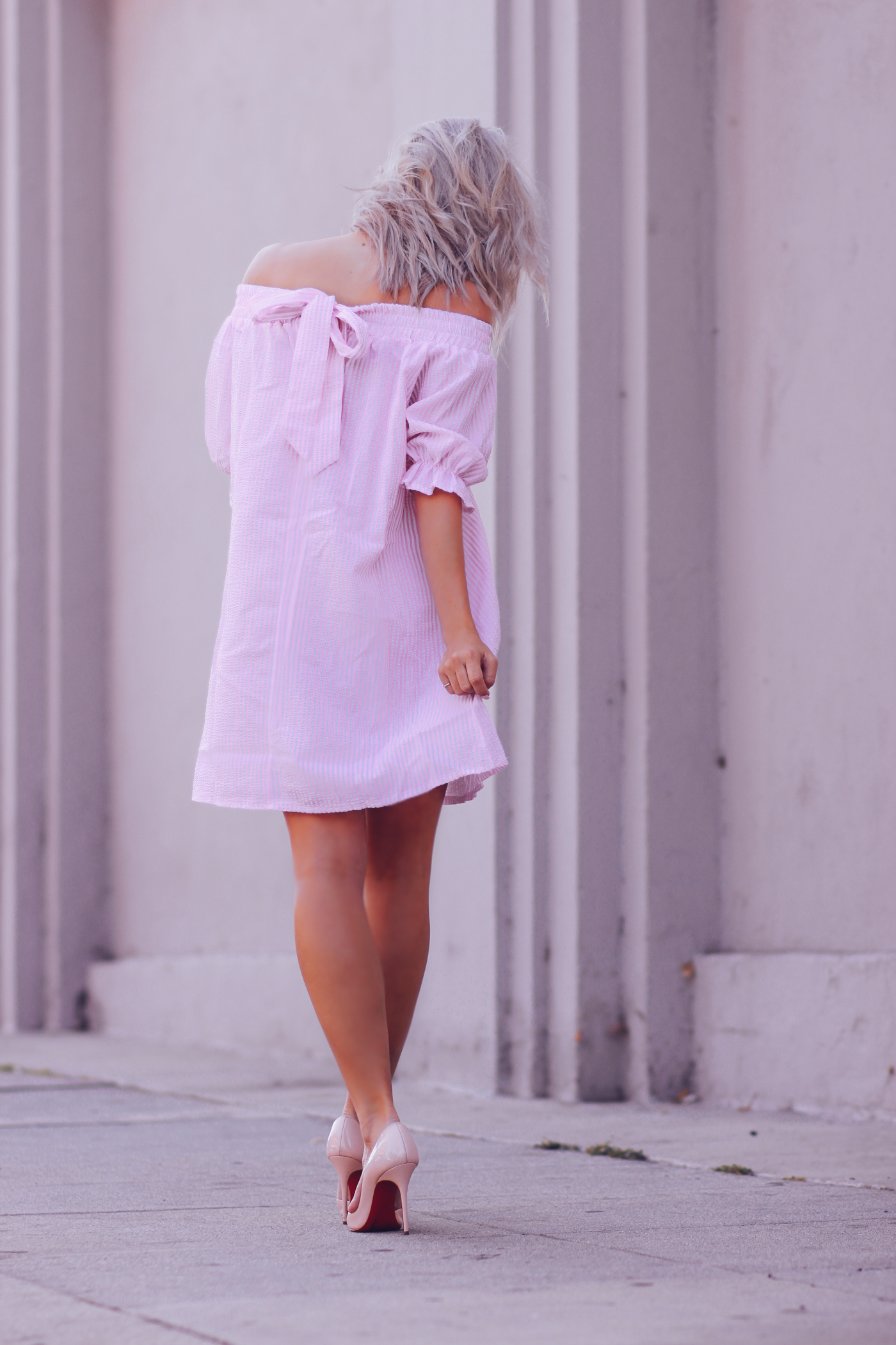 Blondie in the City | Pink Stripe Off The Shoulder Dress | Pink Christian Louboutin's