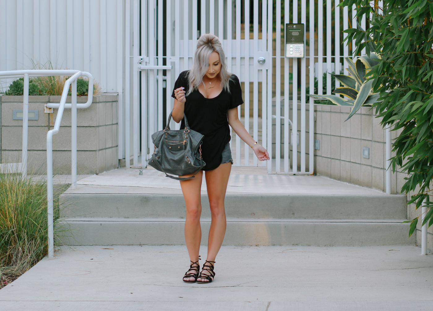 Blondie in the City | Street Style | Grey Balenciaga Bag | Avoce Lace Up Flats