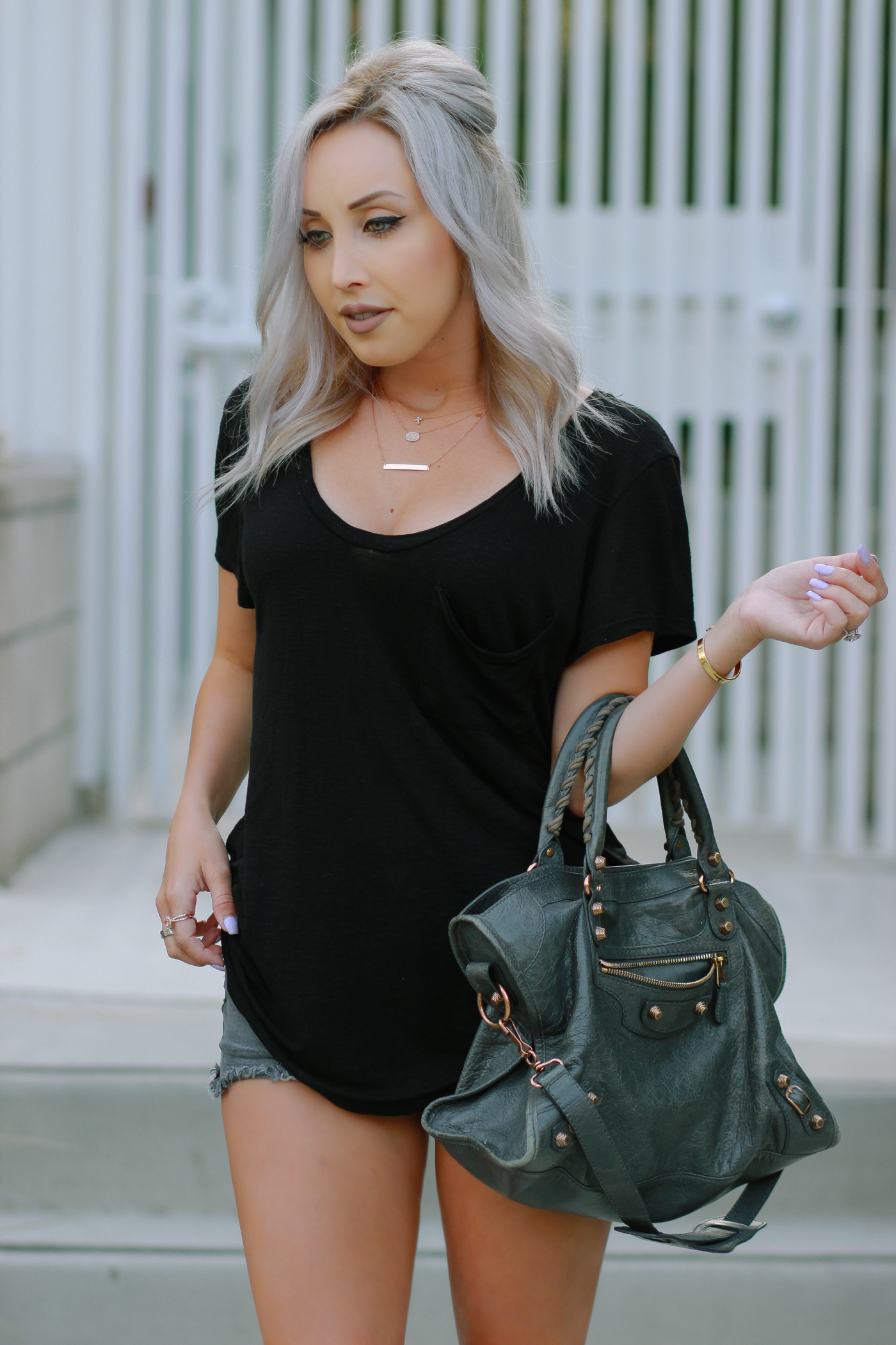 Blondie in the City | Street Style | Grey Balenciaga Bag | Avoce Lace Up Flats