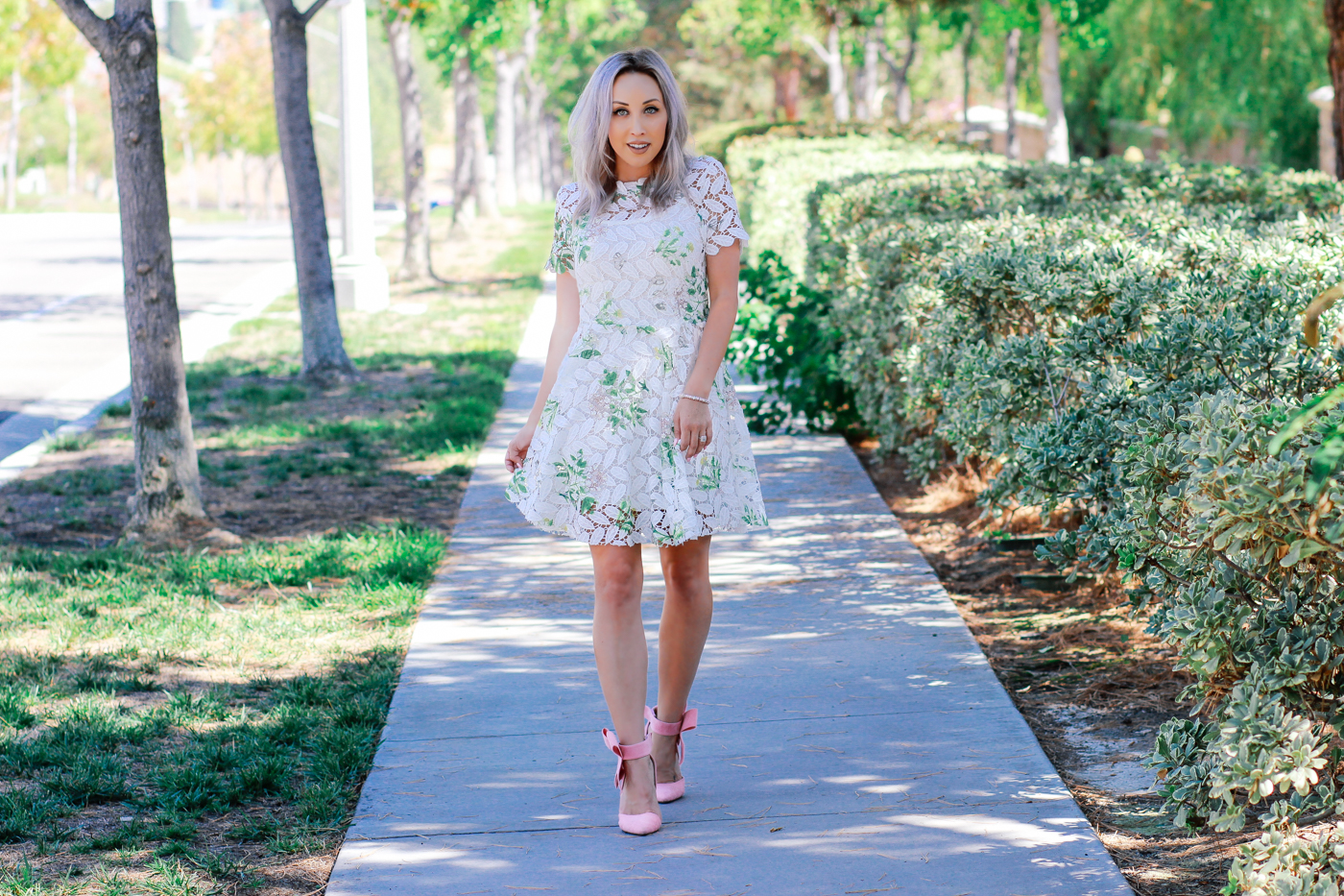 Blondie in the City | Summer Lace Dress from @chicwish | Handmade Dazzling Pastel Pink Glamour Bracelet from @Sweet-Charm-Elegance | Pink Bow Heels | Girly Street Style 