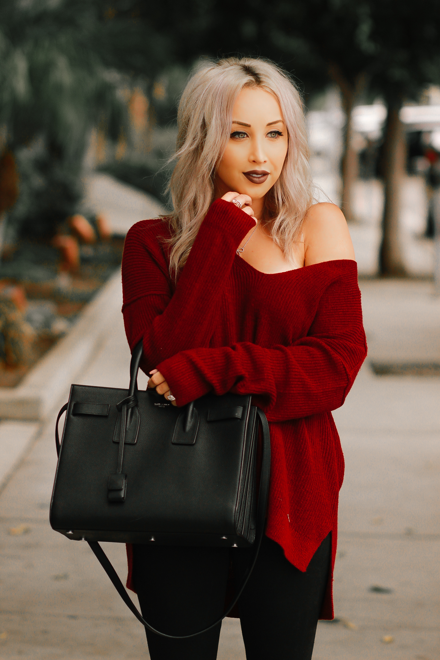 Blondie in the City | Burgundy Off The Shoulder Sweater | Black Saint Laurent Bag