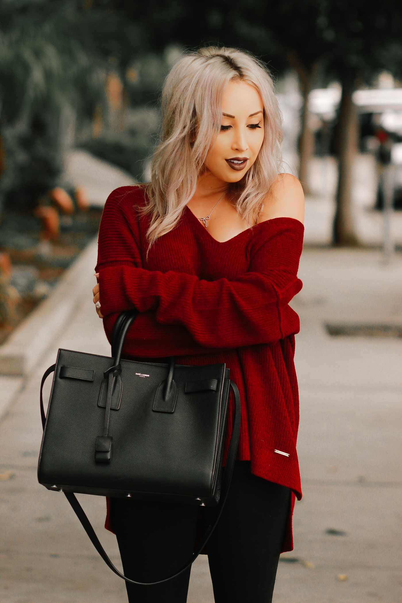 Blondie in the City | Burgundy Off The Shoulder Sweater | Black Saint Laurent Bag