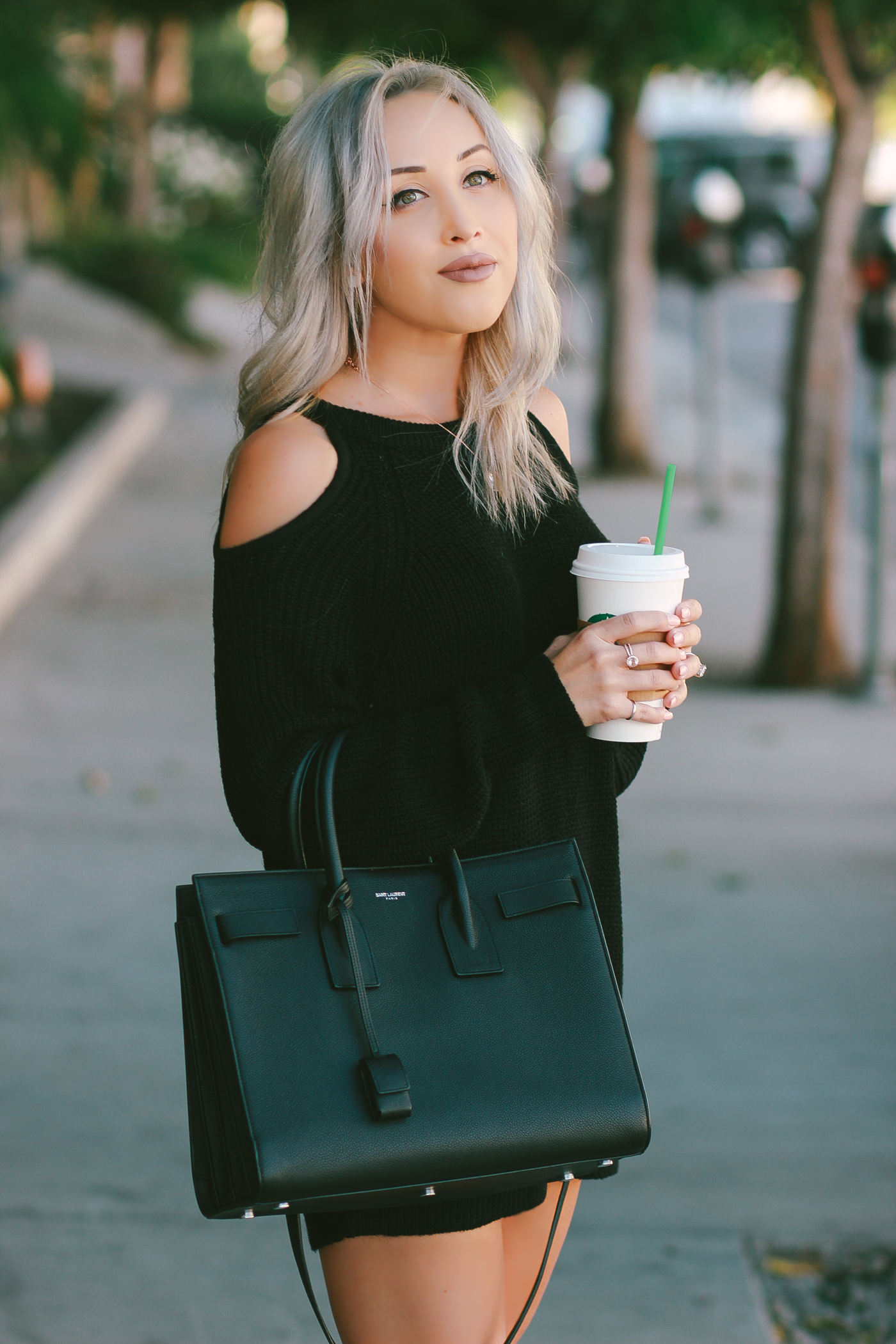Blondie in the City | Coffee Stop | Cutoff Sweater Dress for Fall | Saint Laurent Sac De Jour Bag