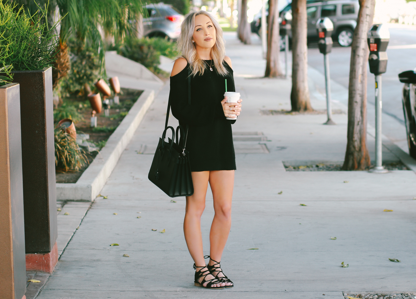 Blondie in the City | Coffee Stop | Cutoff Sweater Dress for Fall | Saint Laurent Sac De Jour Bag
