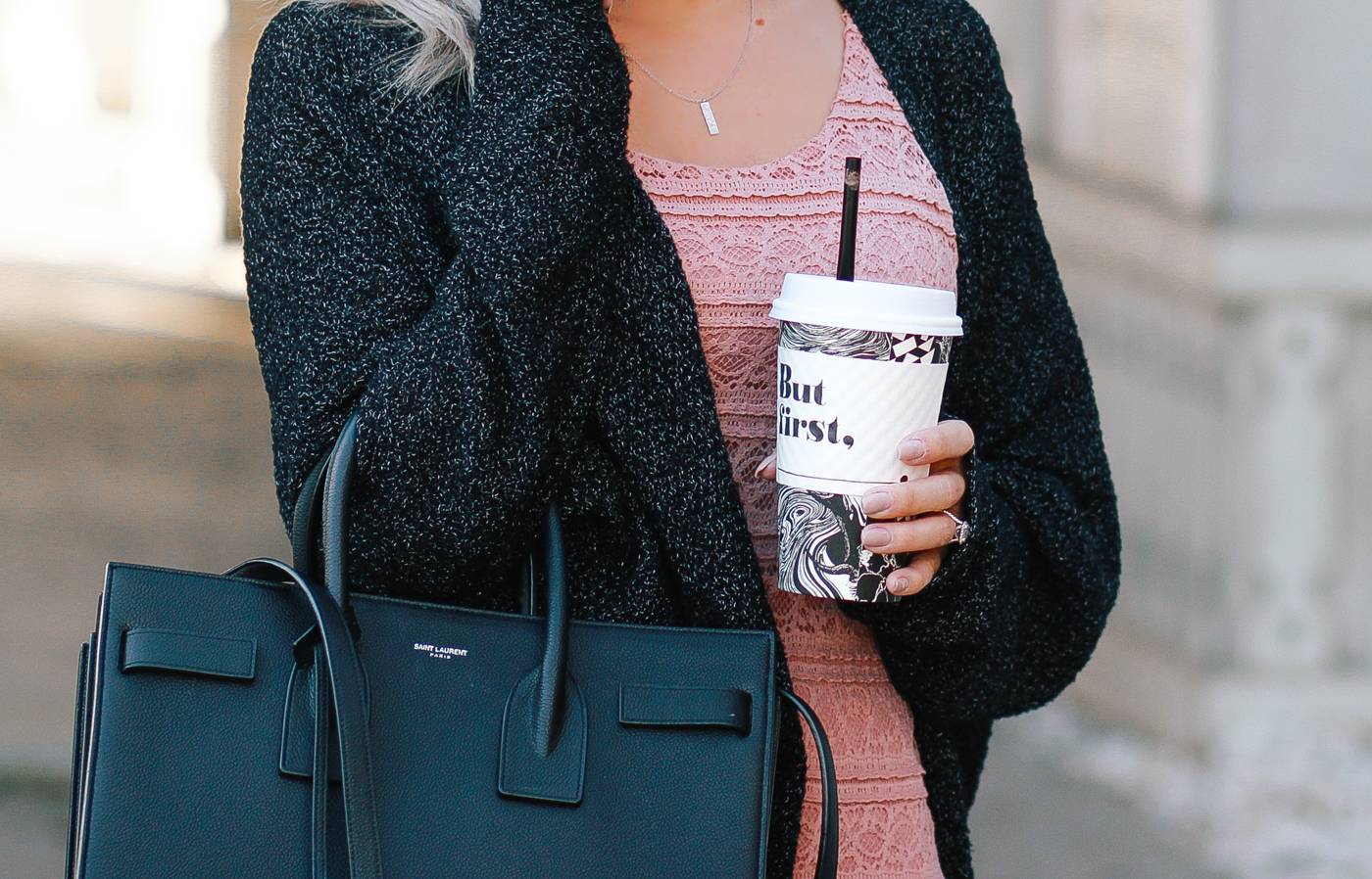 Blondie in the City | Dusty Rose Crochet Dress & @urbanooutfitters Cardigan | Saint Laurent Bag