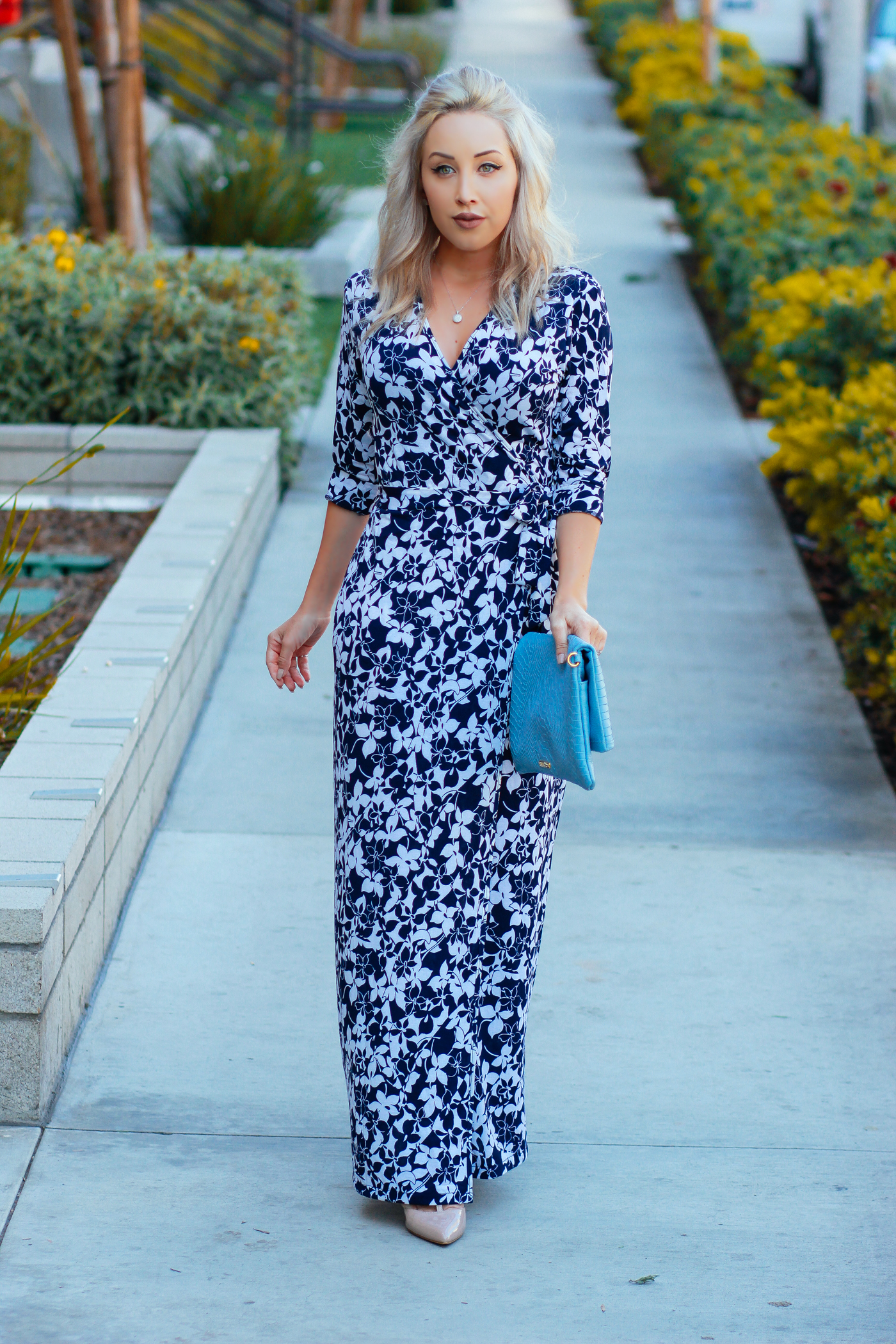Blondie in the City | Blue and White Floral Wrap Dress