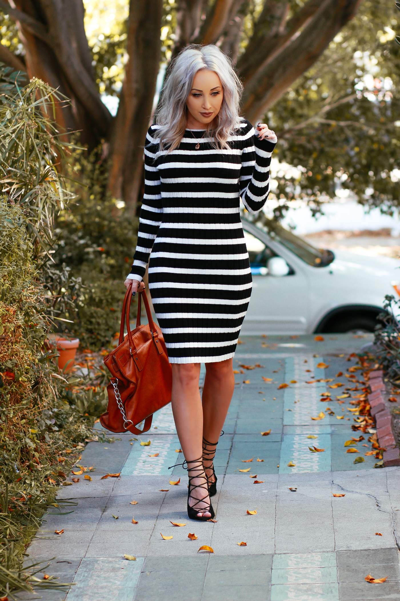 Blondie in the City | Cozy Striped Sweater Dress | @nakdfashion lace up heels | Fall Fashion Street Style