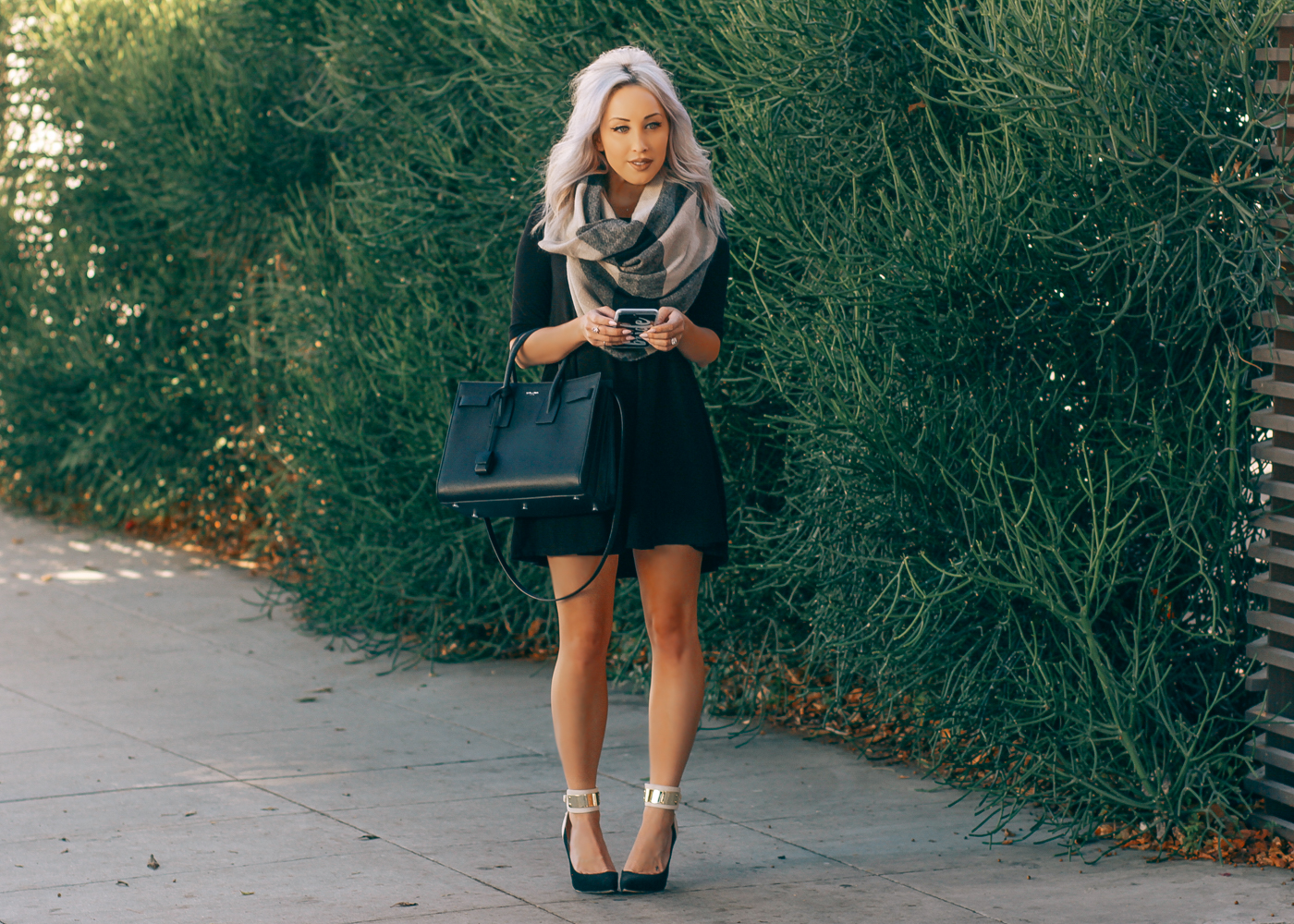 Blondie in the City | Cute Black Sweater Dress, Big Plaid Scarf, Saint Laurent Bag
