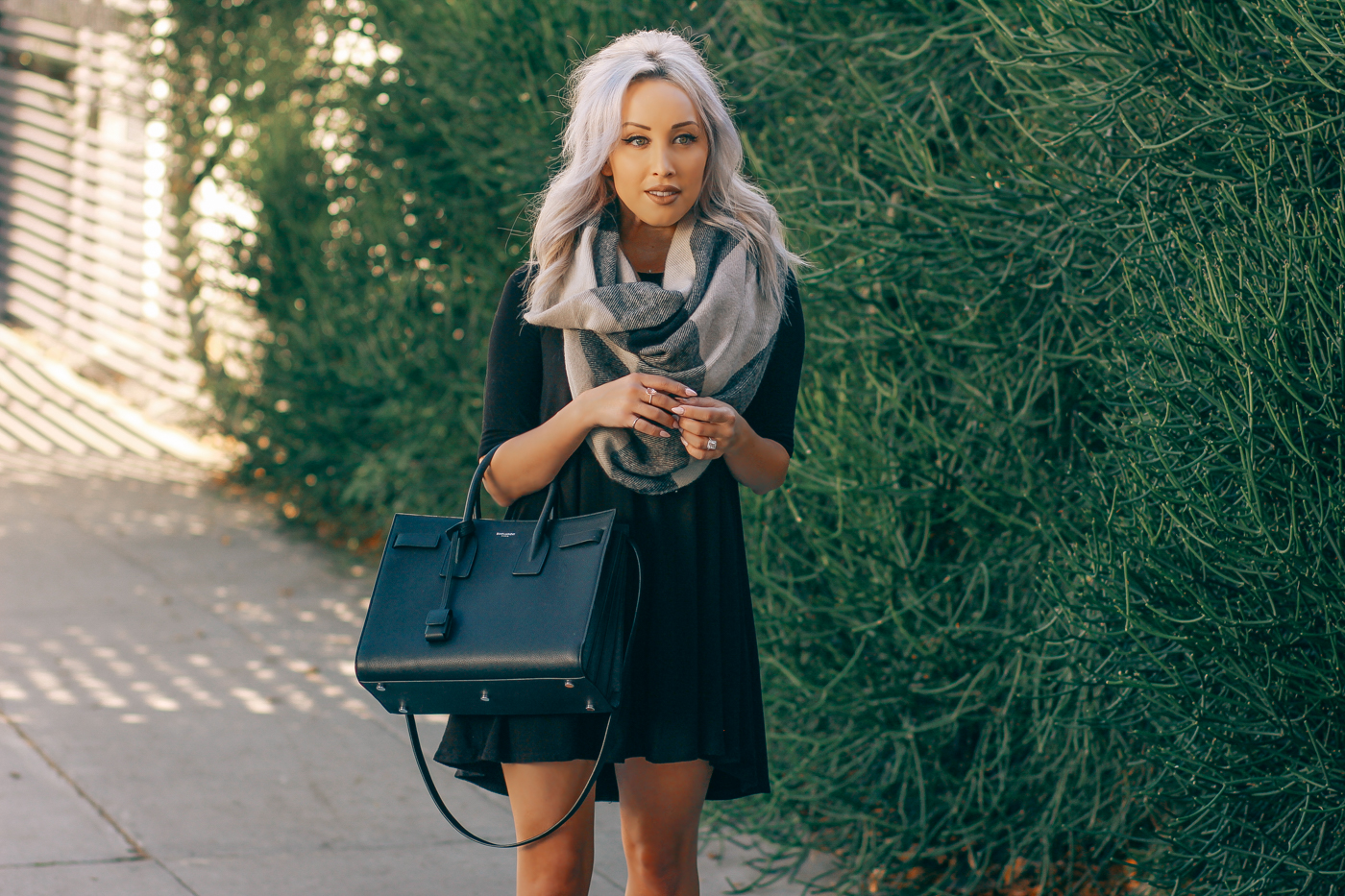 Blondie in the City | Cute Black Sweater Dress, Big Plaid Scarf, Saint Laurent Bag