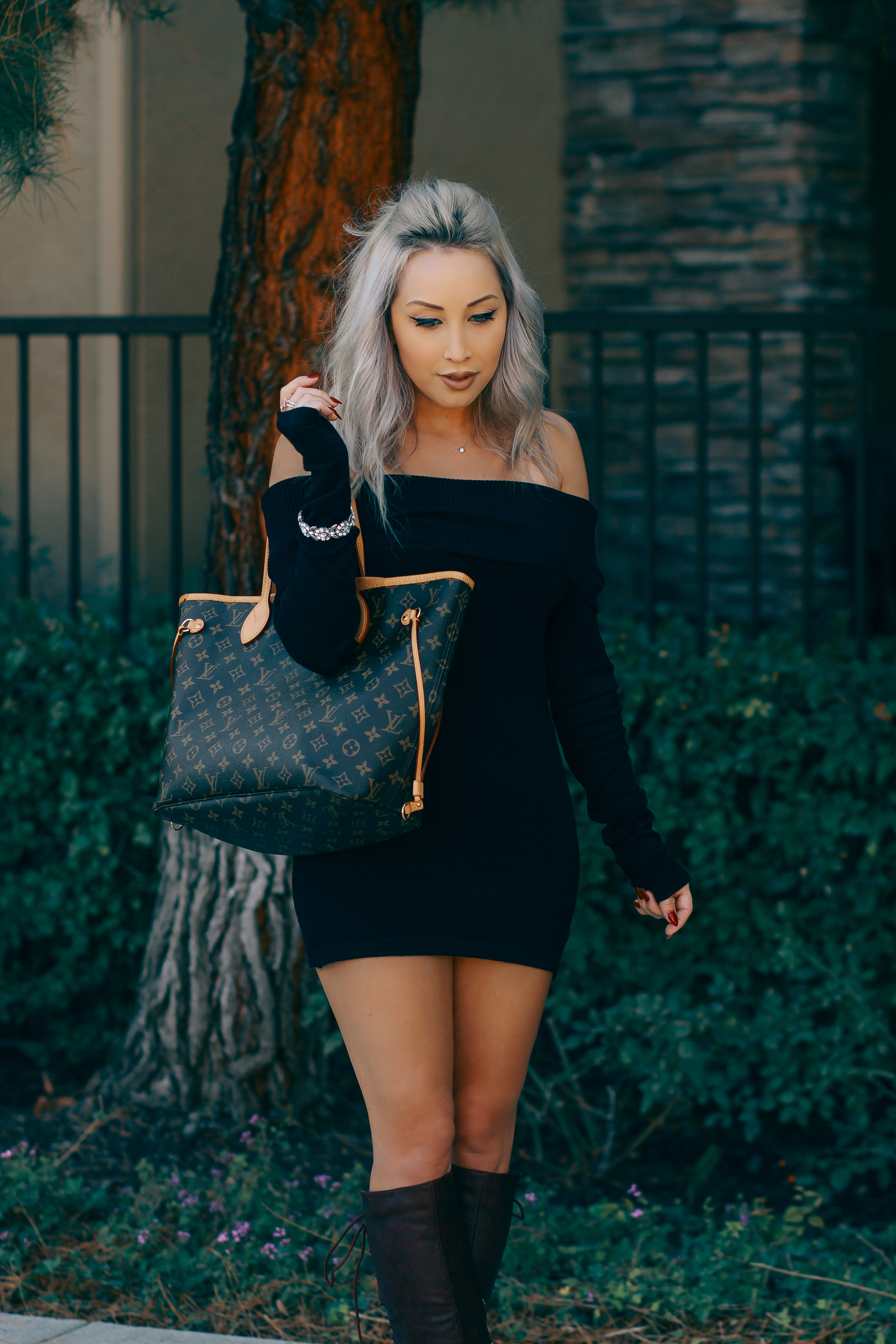 Blondie in the City | Black Off The Shoulder Dress, Knee High Boots, Louis Vuitton Neverfull Bag