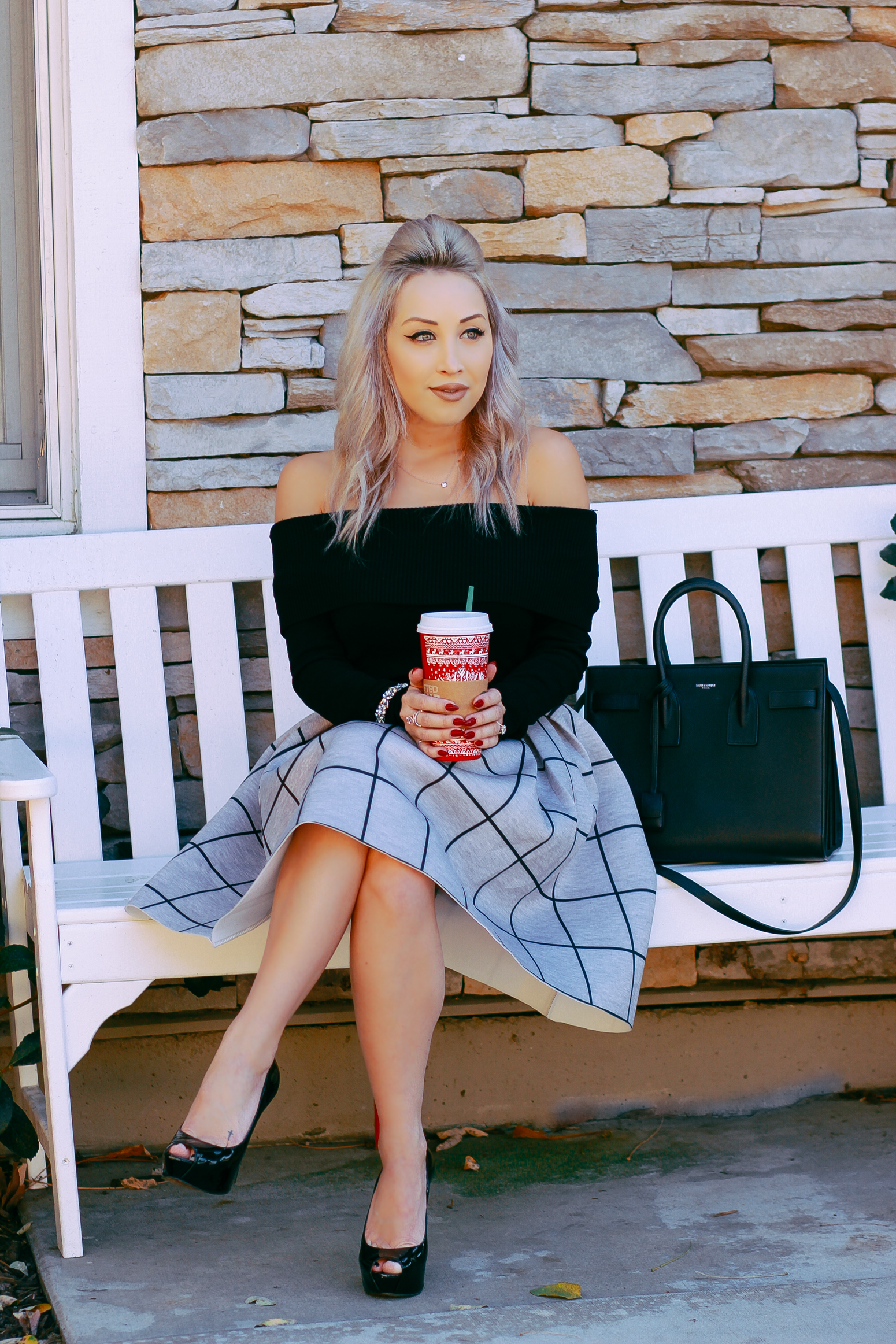 Blondie in the City | IG: @HayleyLarue | Grid Print Holiday Skirt | Holiday Outfit Inspiration