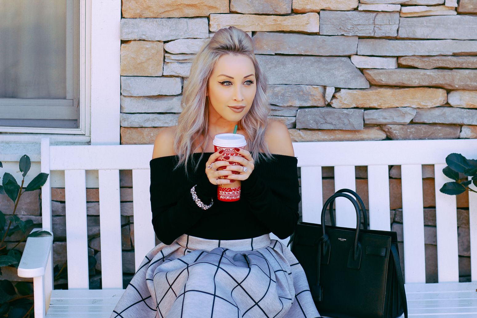 Blondie in the City | IG: @HayleyLarue | Grid Print Holiday Skirt | Holiday Outfit Inspiration