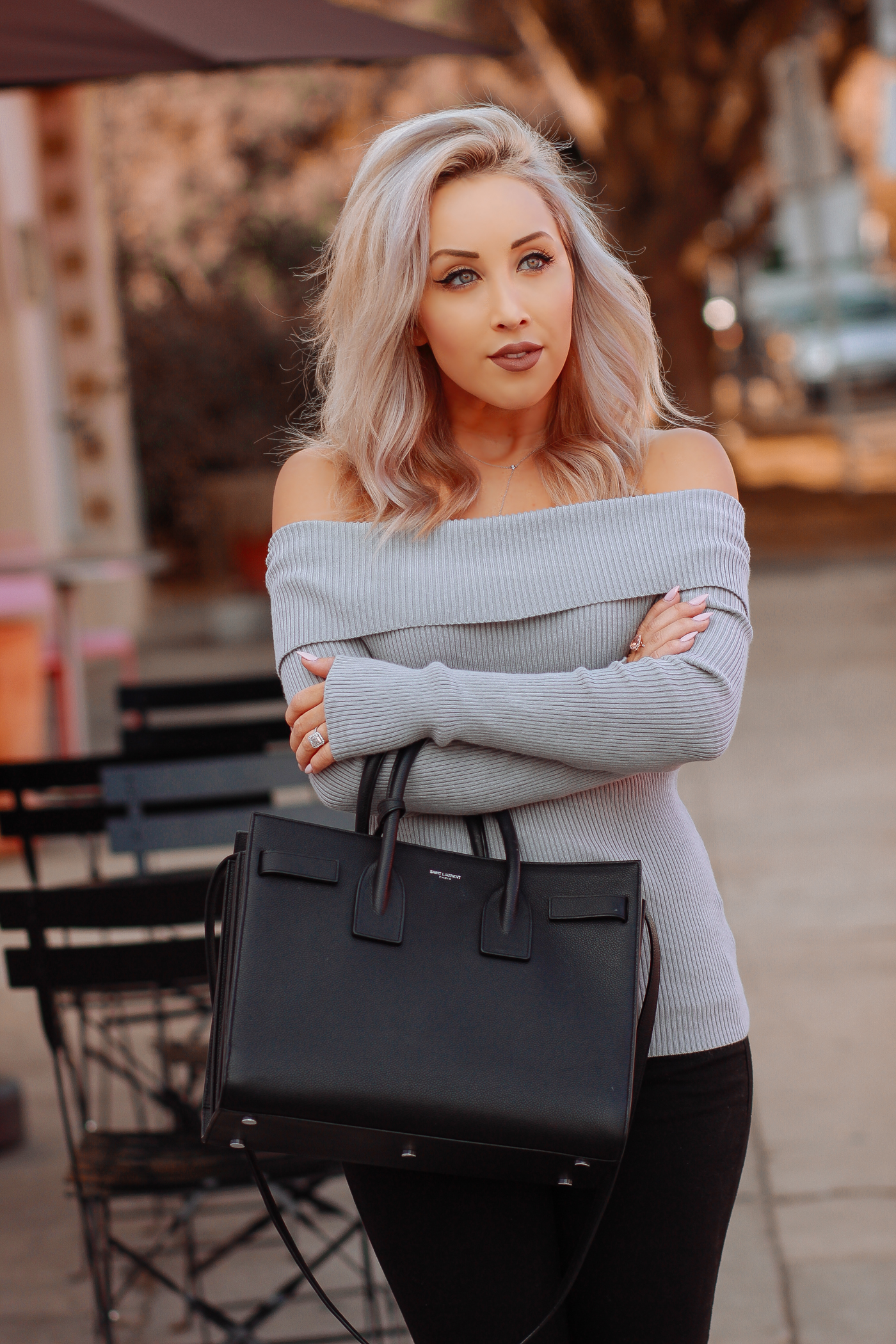 Blondie in the City | Off The Shoulder Sweater | Saint Laurent Bag