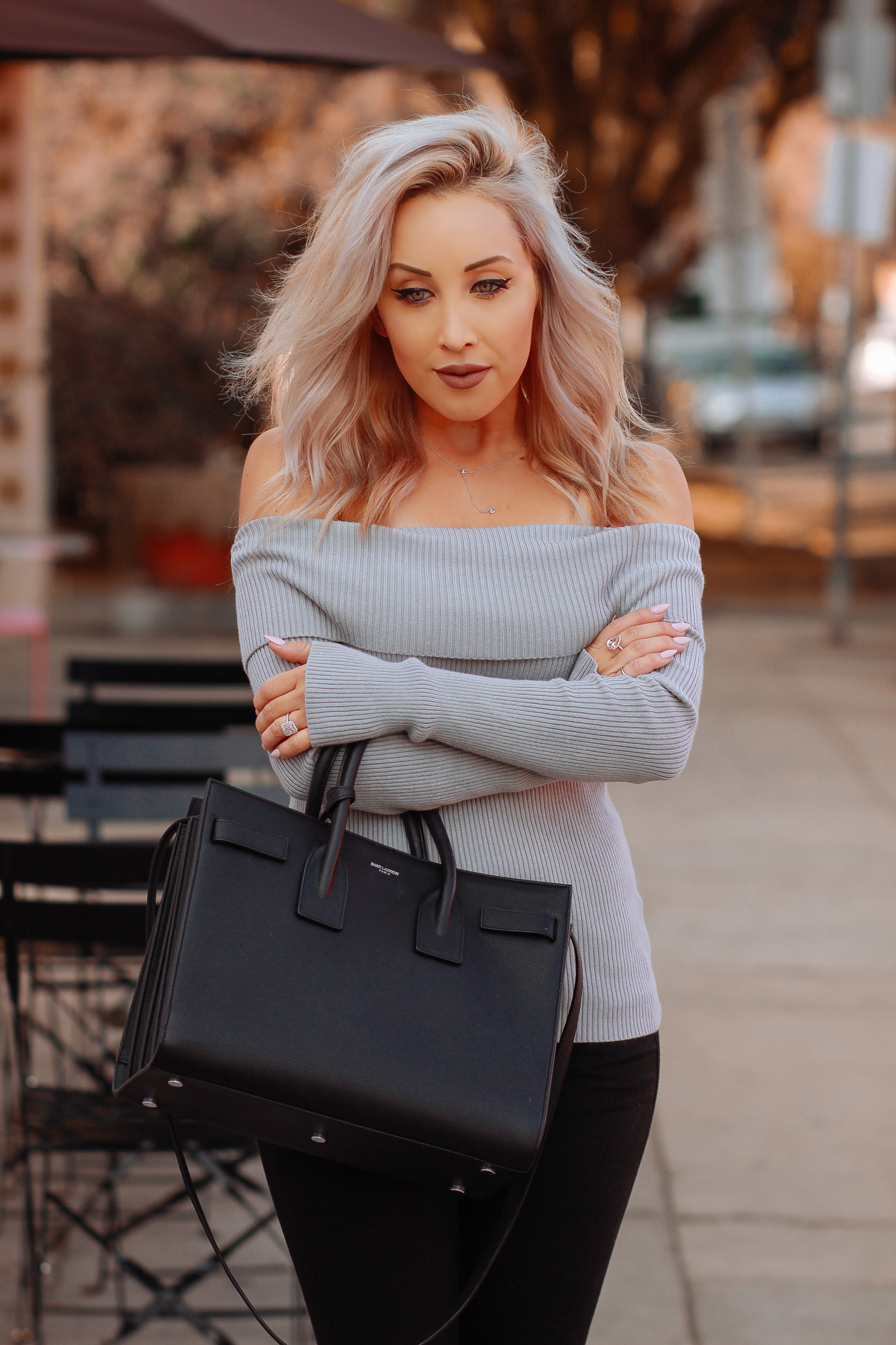 Blondie in the City | Off The Shoulder Sweater | Saint Laurent Bag