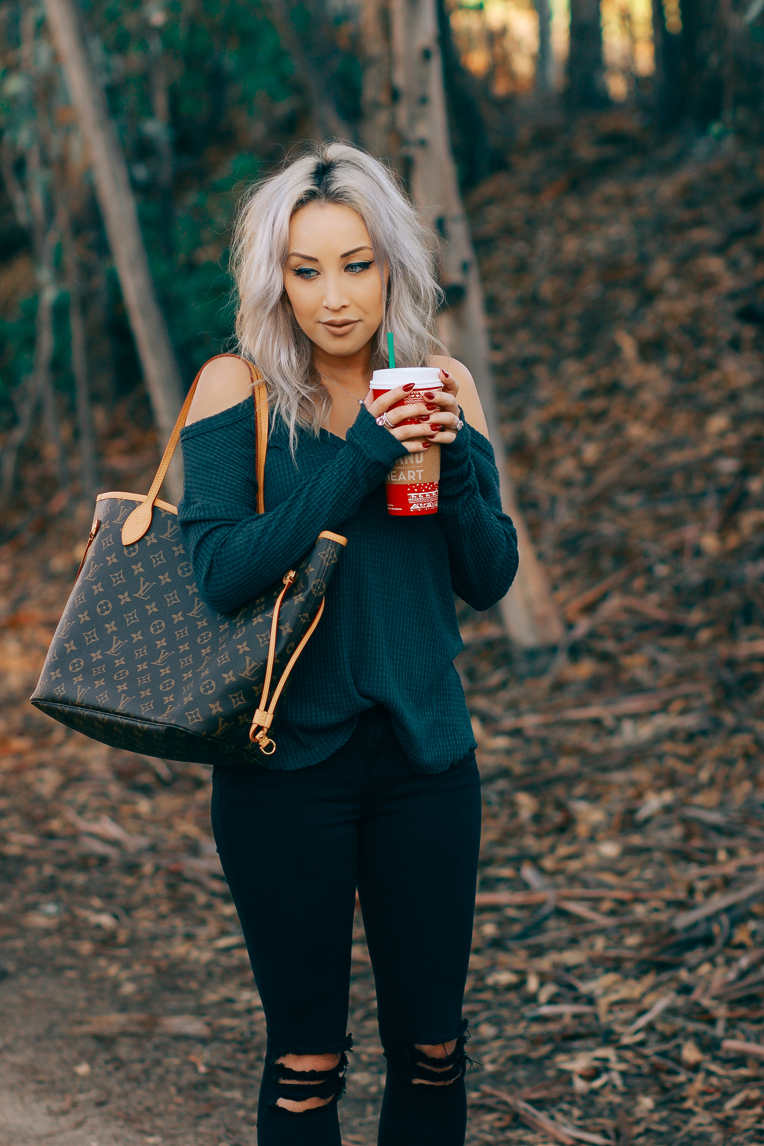 Blondie in the City | Cutout Shoulder Sweater from @ShopAtHer | Louis Vuitton Neverfull Bag