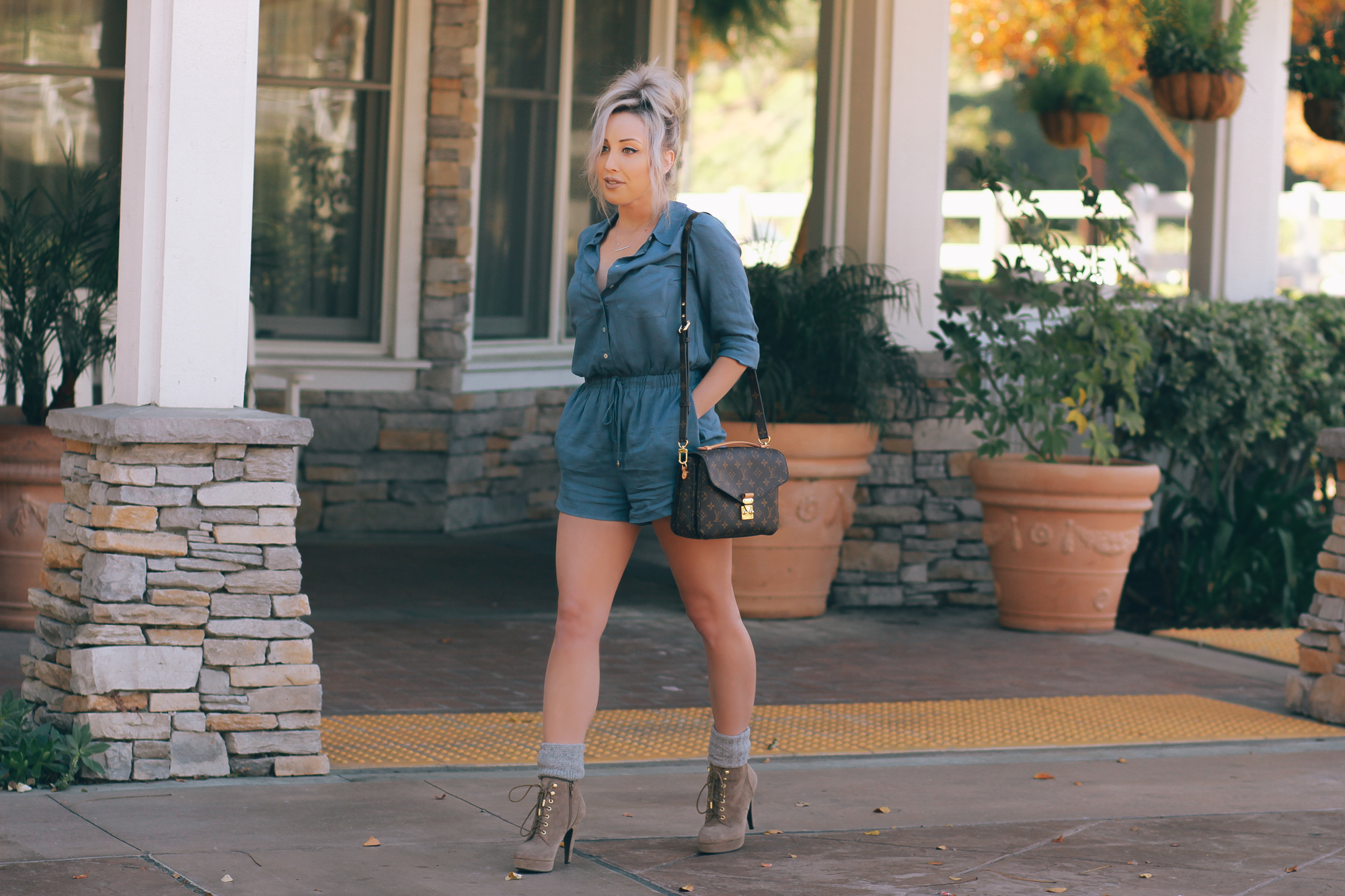 Blondie in the City | Blue Button Up Romper and Socks with Booties | Louis Vuitton Pochette Metis