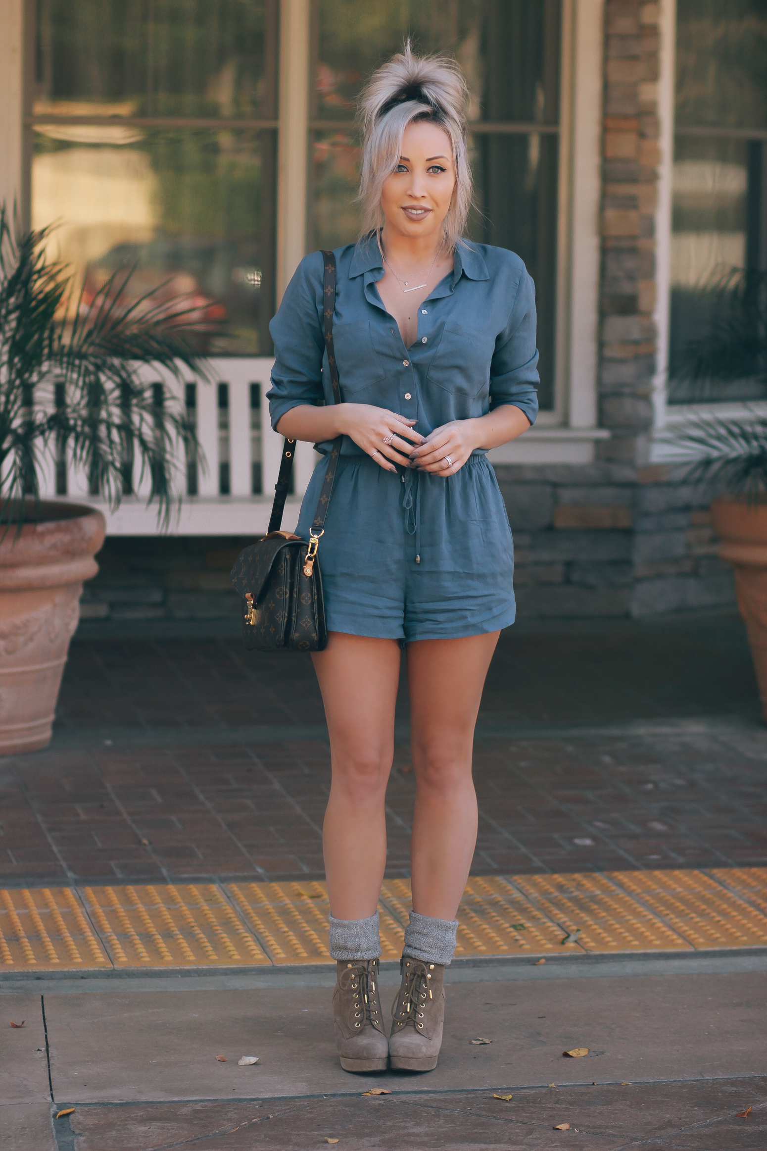 Blondie in the City | Blue Button Up Romper and Socks with Booties | Louis Vuitton Pochette Metis