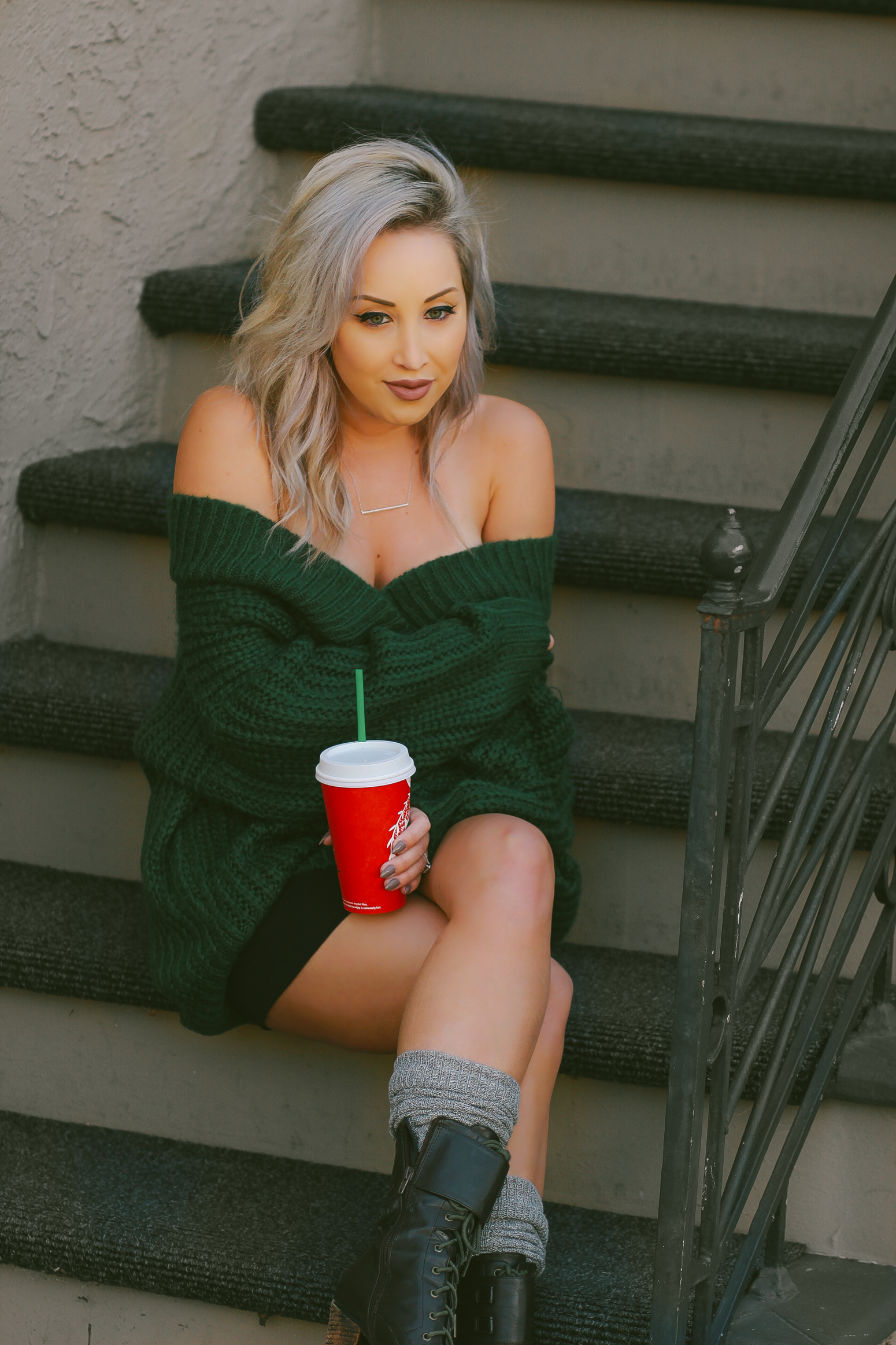 Blondie in the City | Dark Green Off The Shoulder Sweater
