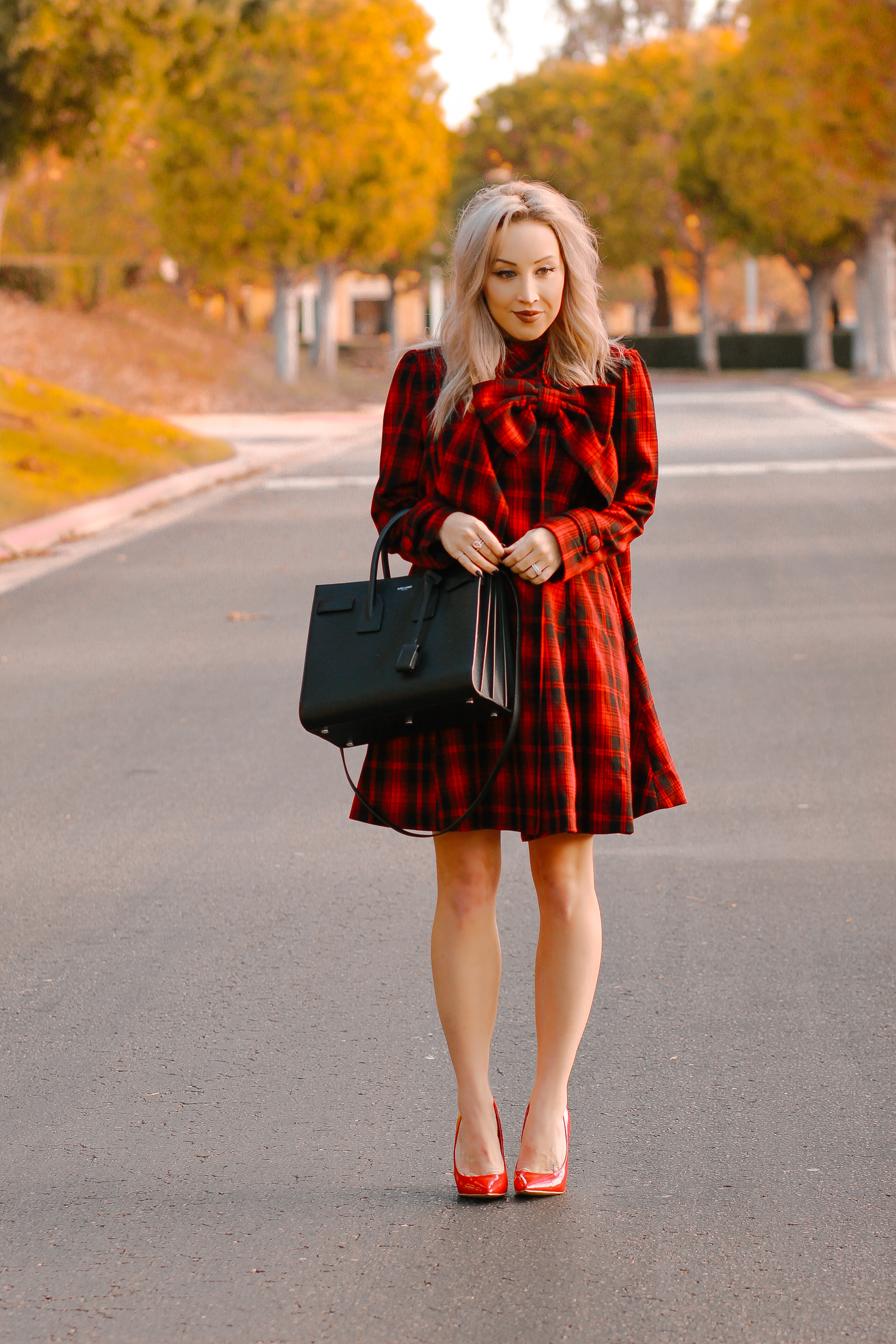 Blondie in the City | Plaid Coat Dress | Saint Laurent Bag