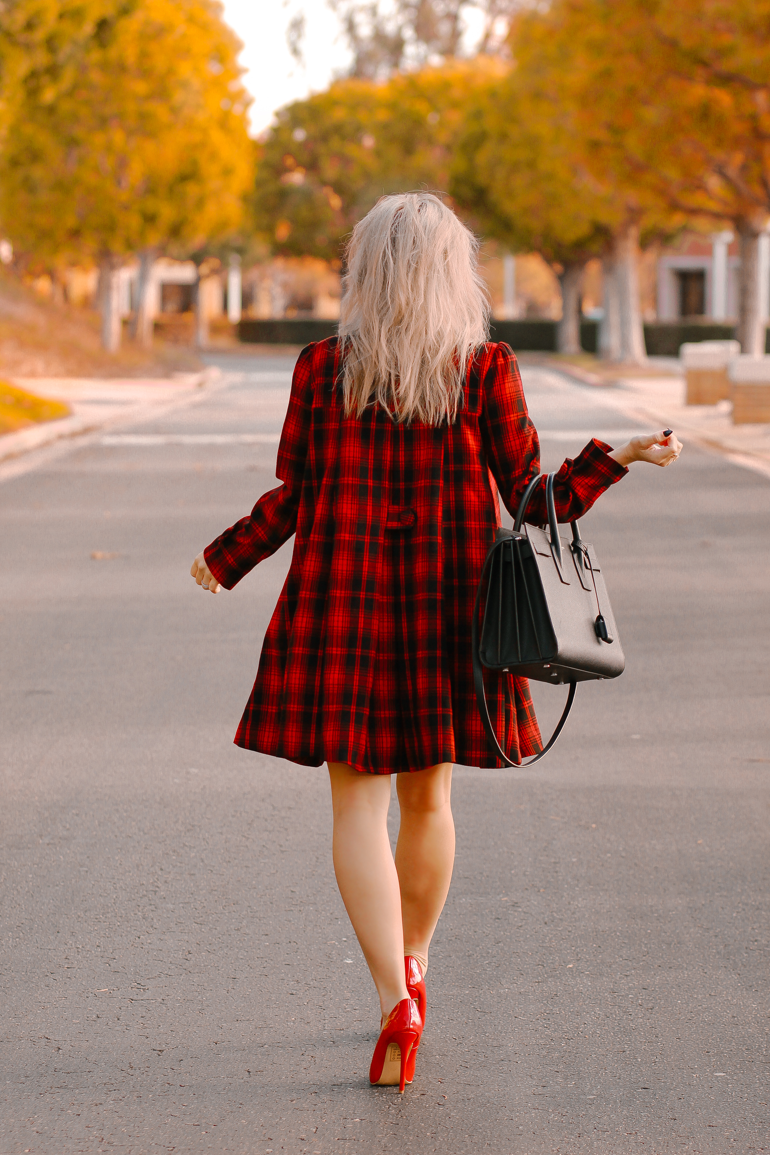 Blondie in the City | Plaid Coat Dress | Saint Laurent Bag