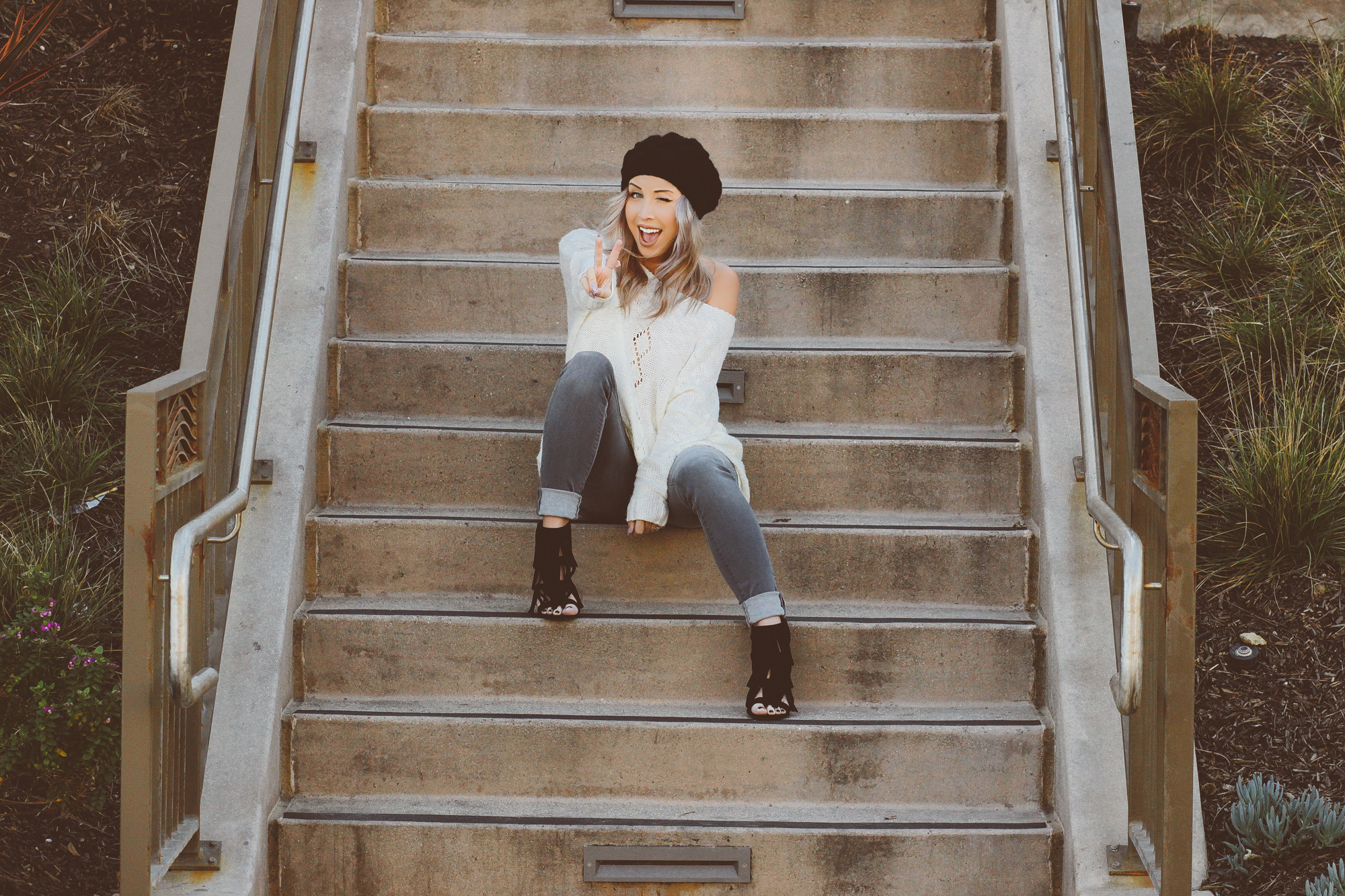 Blondie in the City | Sweater Weather | Off the Shoulder | Beanie Style | Hudson Jeans | Fringe Heels