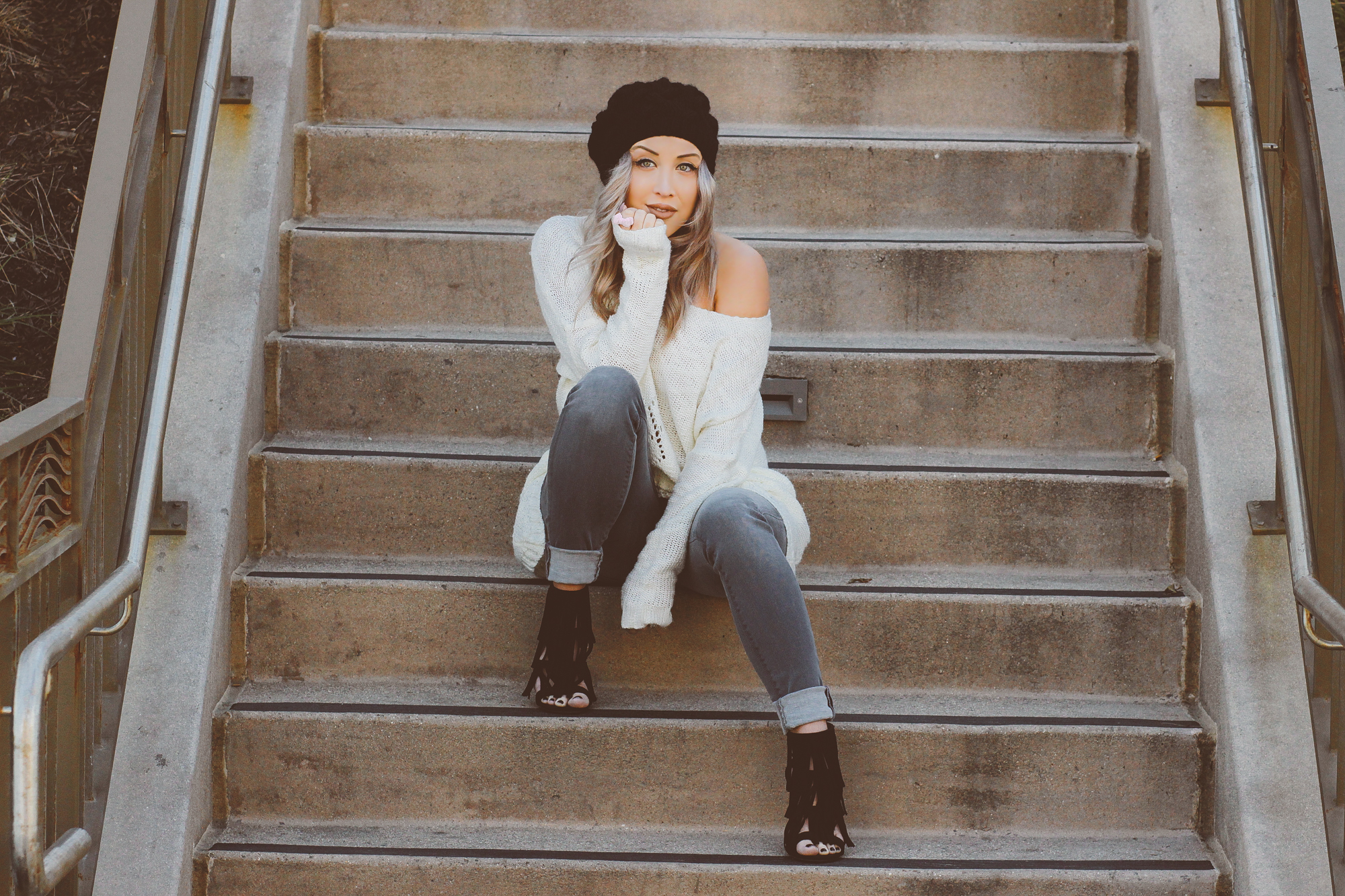 Blondie in the City | Sweater Weather | Off the Shoulder | Beanie Style | Hudson Jeans | Fringe Heels