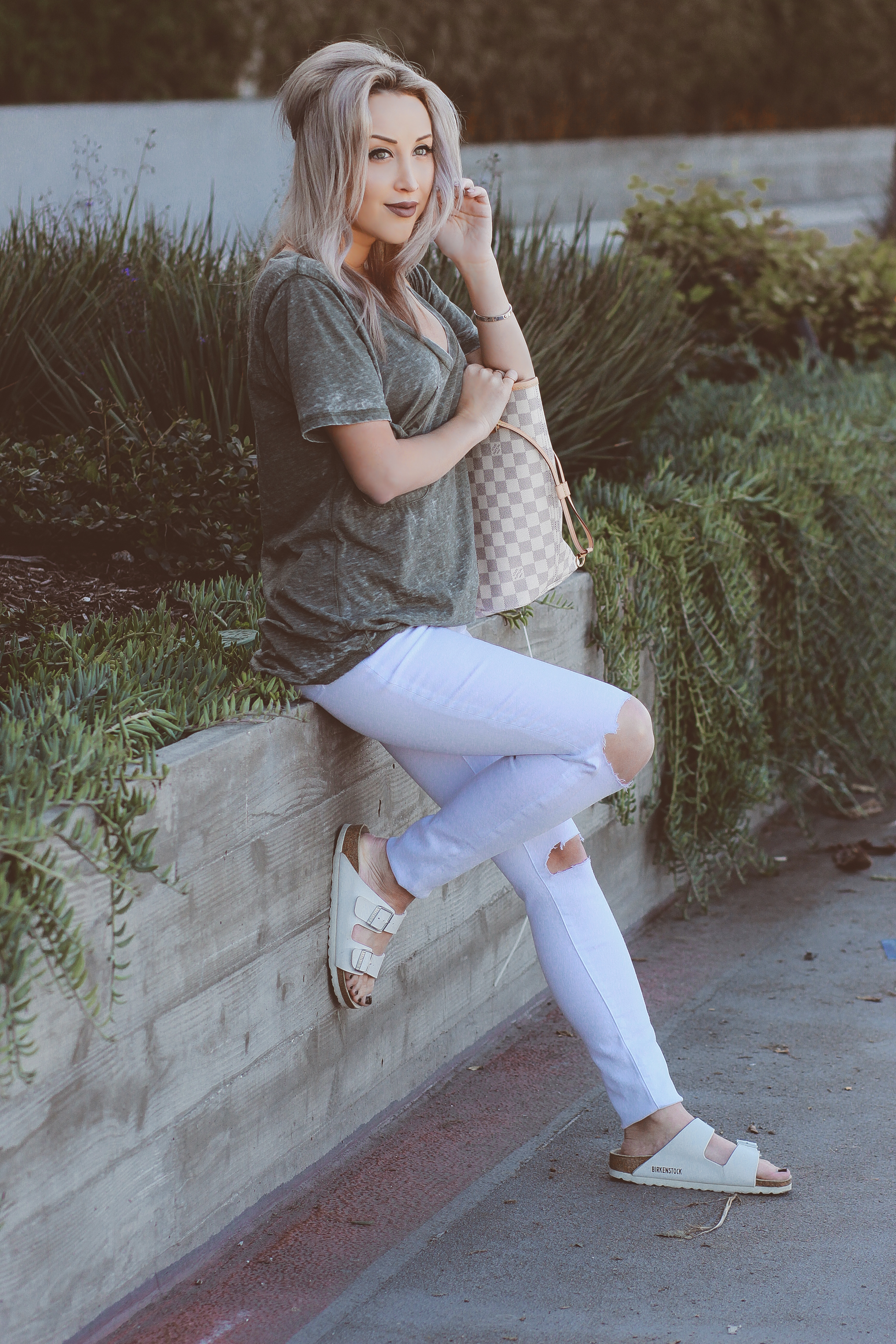 Blondie in the City | Ripped White Jeans & an Olive Green Tee @shopather | White Birkenstocks | Louis Vuitton Bag 