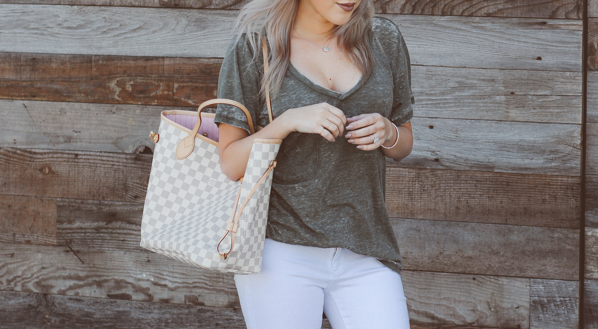Blondie in the City | Ripped White Jeans & an Olive Green Tee @shopather | White Birkenstocks | Louis Vuitton Bag 