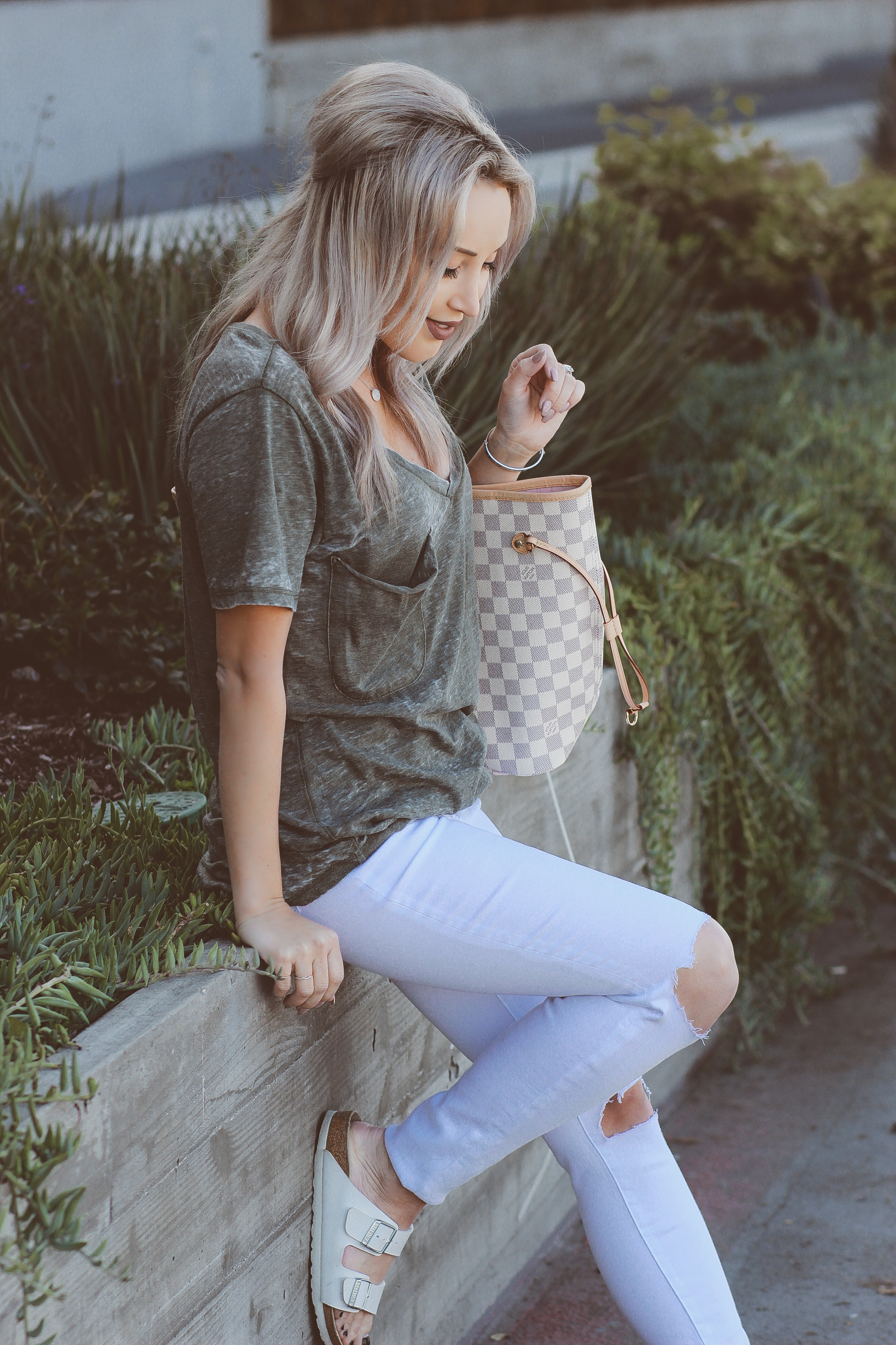 Blondie in the City | Ripped White Jeans & an Olive Green Tee @shopather | White Birkenstocks | Louis Vuitton Bag