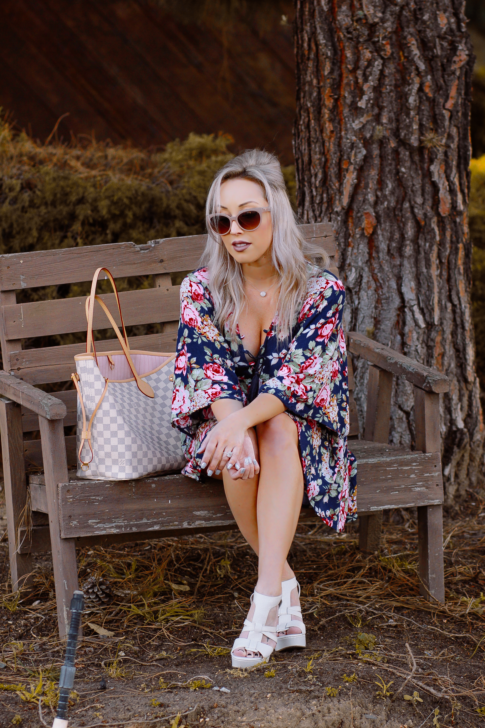 Blondie in the City | Pink & Blue Floral Spring Dress | Balenciaga Sunglasses | Louis Vuitton Neverfull Bag