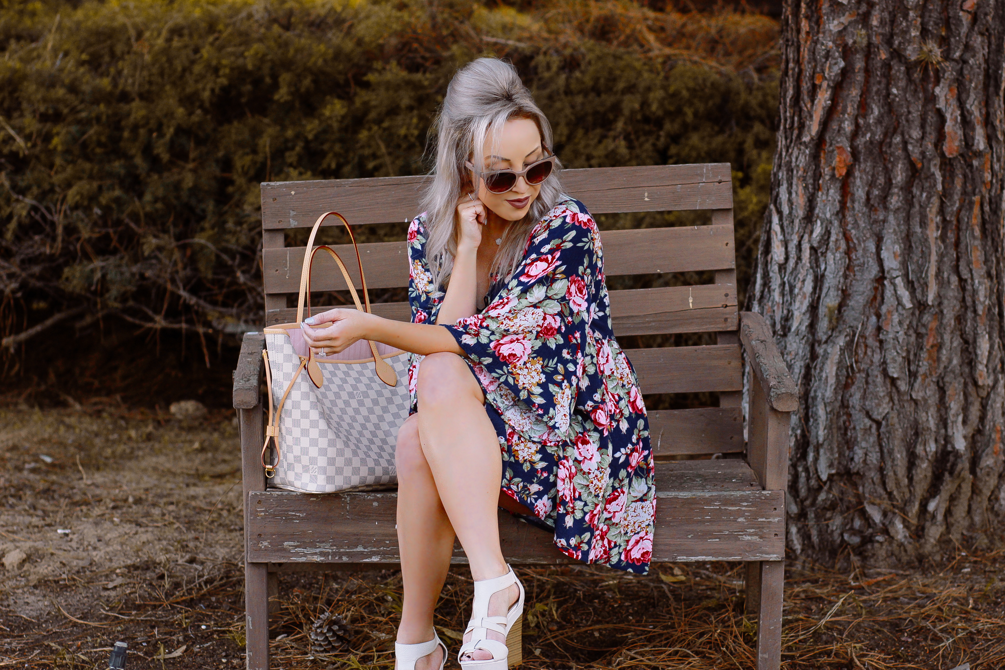 Blondie in the City | Pink & Blue Floral Spring Dress | Balenciaga Sunglasses | Louis Vuitton Neverfull Bag