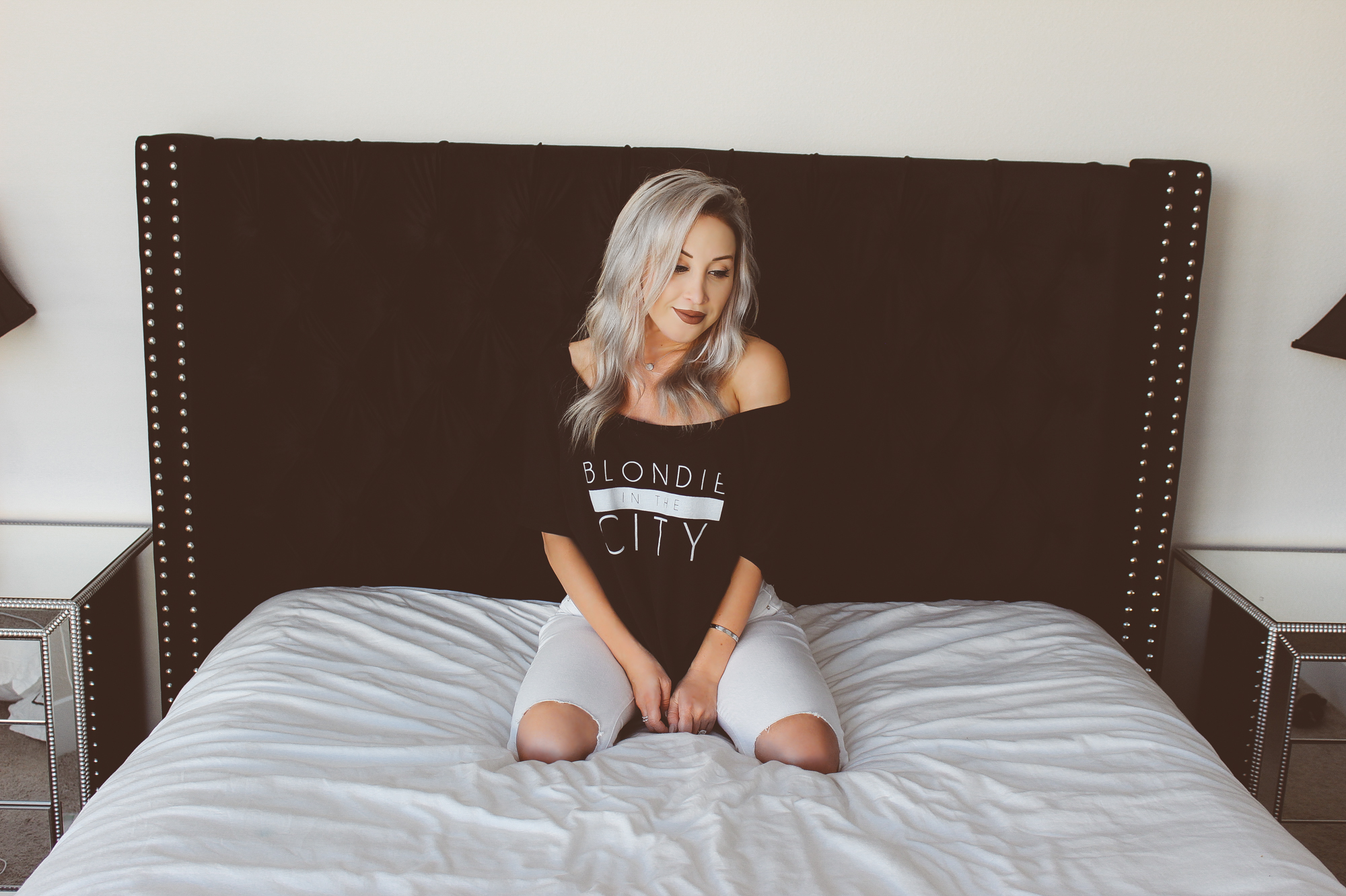 Blondie in the City | Black Velvet Tufted Headboard | Blondie T Shirt