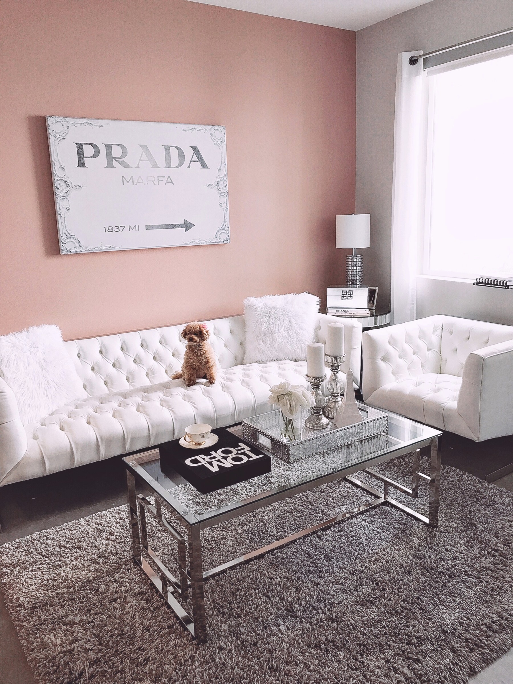 Blondie in the City | Pink, Grey, & White Living Room Decor, Prada Marfa, Tom Ford Book