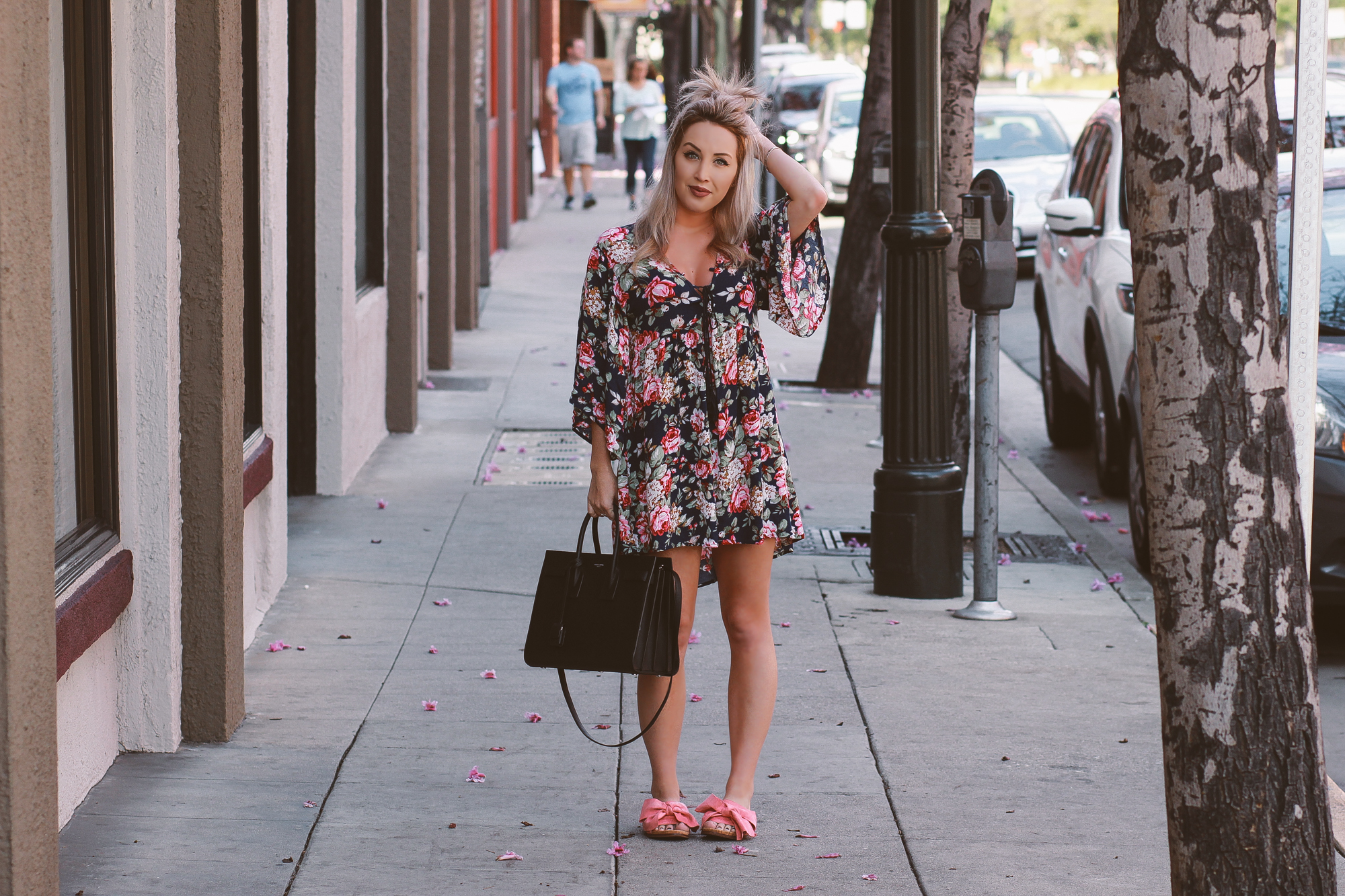 Blondie in the City | Floral Spring Dress | Sam Edelman Sandals |Pink Bow Shoes | YSL Bag