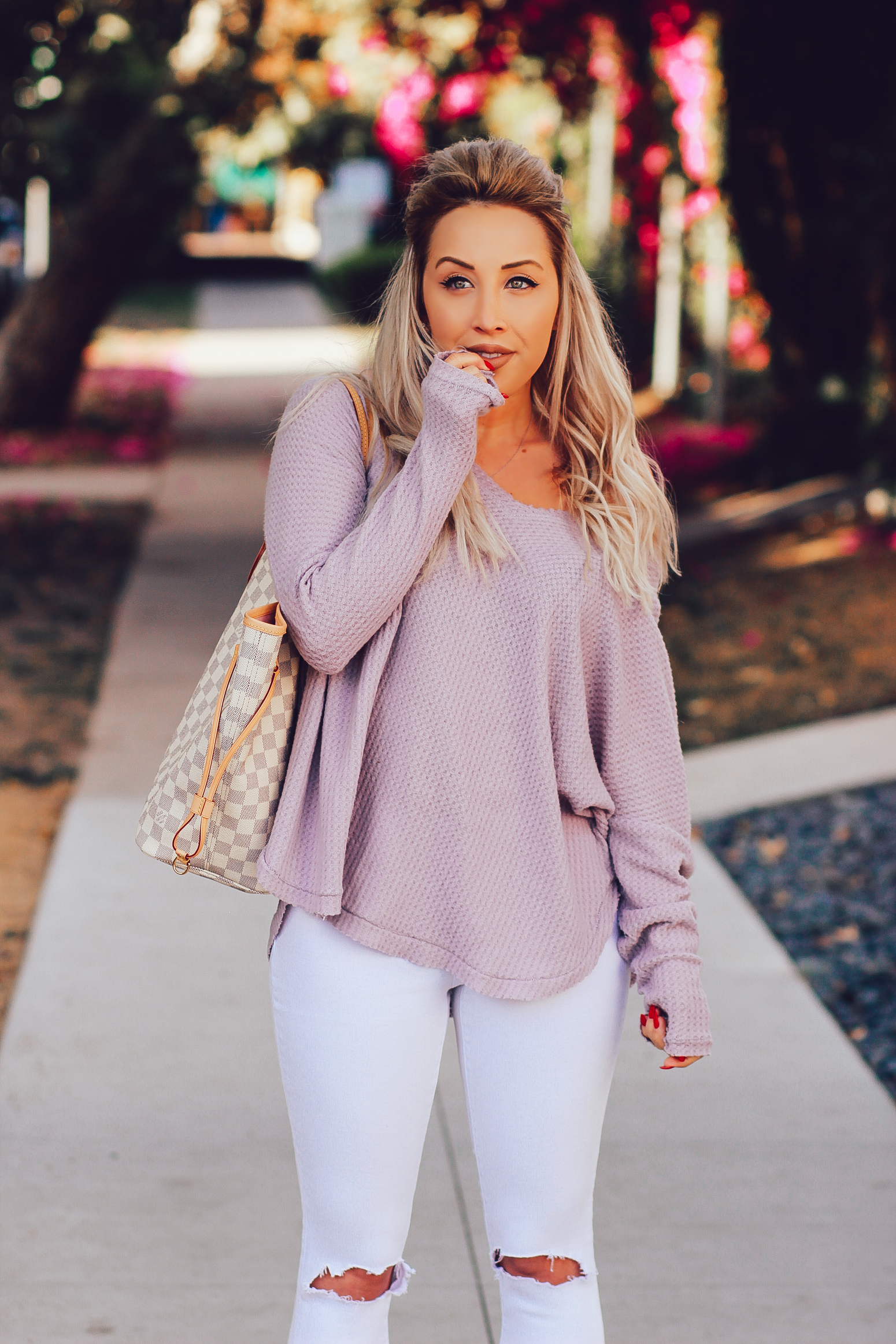 Blondie in the City" Urban Outfitters Violet Sweater | Ripped White Jeans