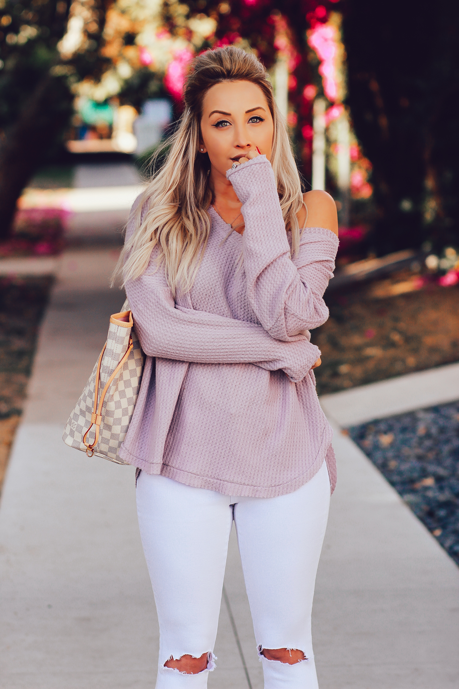 Blondie in the City" Urban Outfitters Violet Sweater | Ripped White Jeans