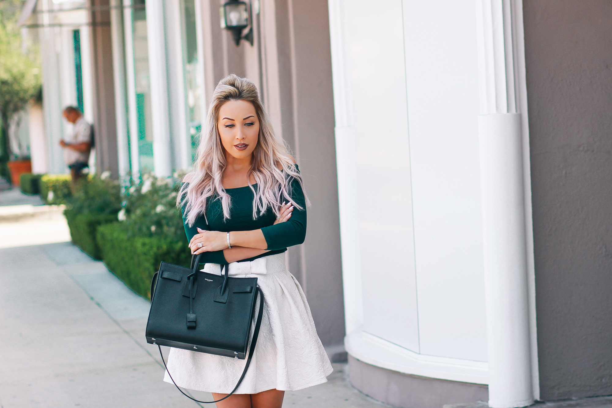 Blondie in the City | Forest Green & Ivory Lace | Chic Street Style Fashion