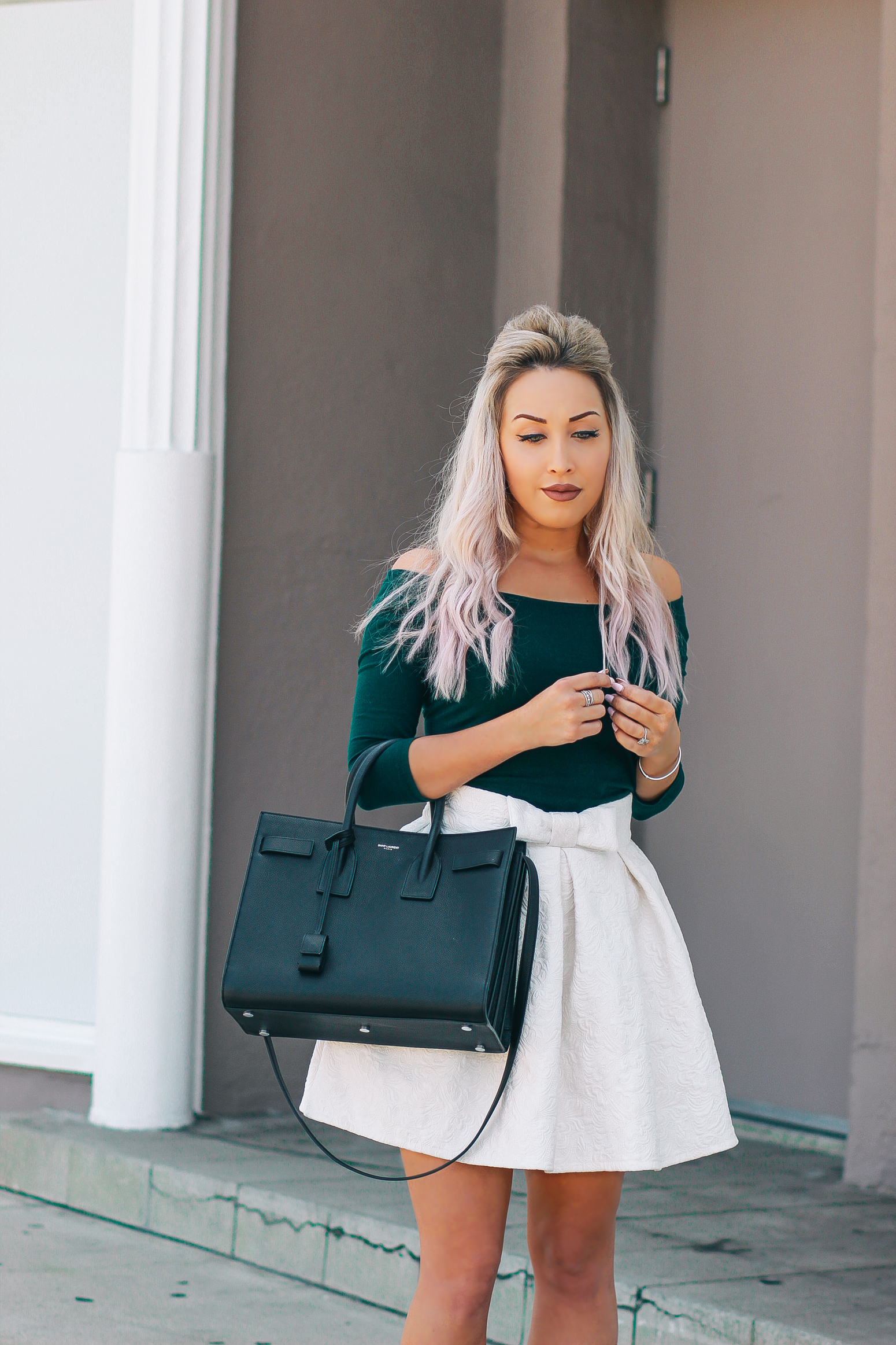 Blondie in the City | Forest Green & Ivory Lace | Chic Street Style Fashion
