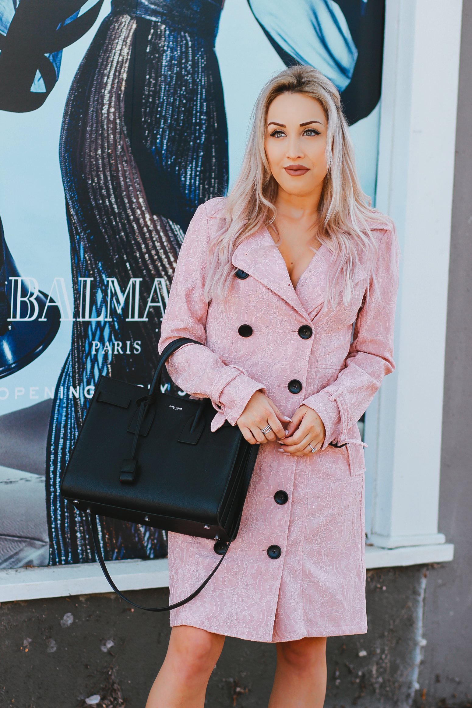 Blondie in the City |Pink Trench Coat | Pink Velvet Boots | Black YSL Bag