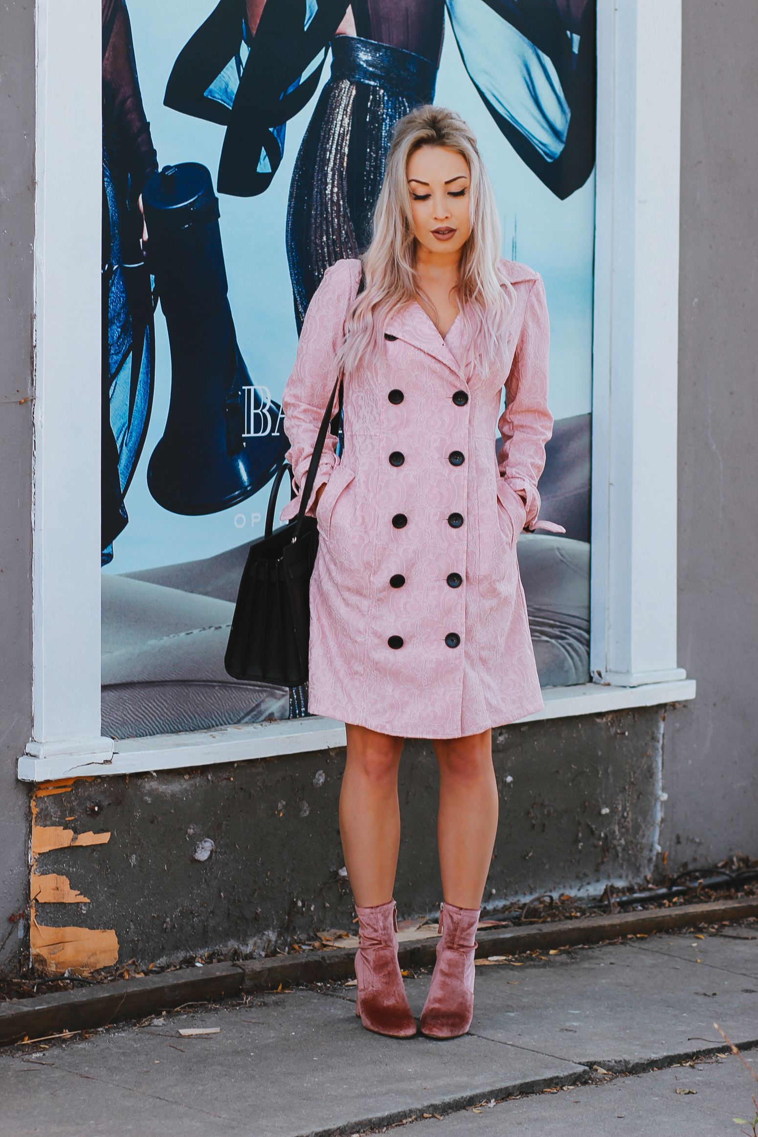 Blondie in the City |Pink Trench Coat | Pink Velvet Boots | Black YSL Bag