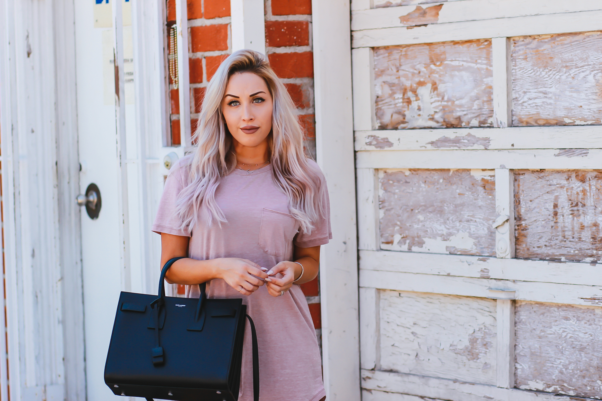 Blondie in the City | Pink Men's Tee from Urban Outfitters as T-Shirt Dress | YSL Bag