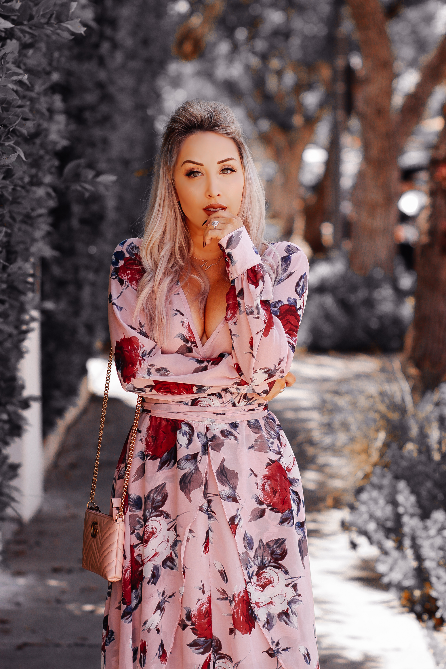 Blondie in the City | Pink & Rose Chiffon Dress | Pink Gucci Bag