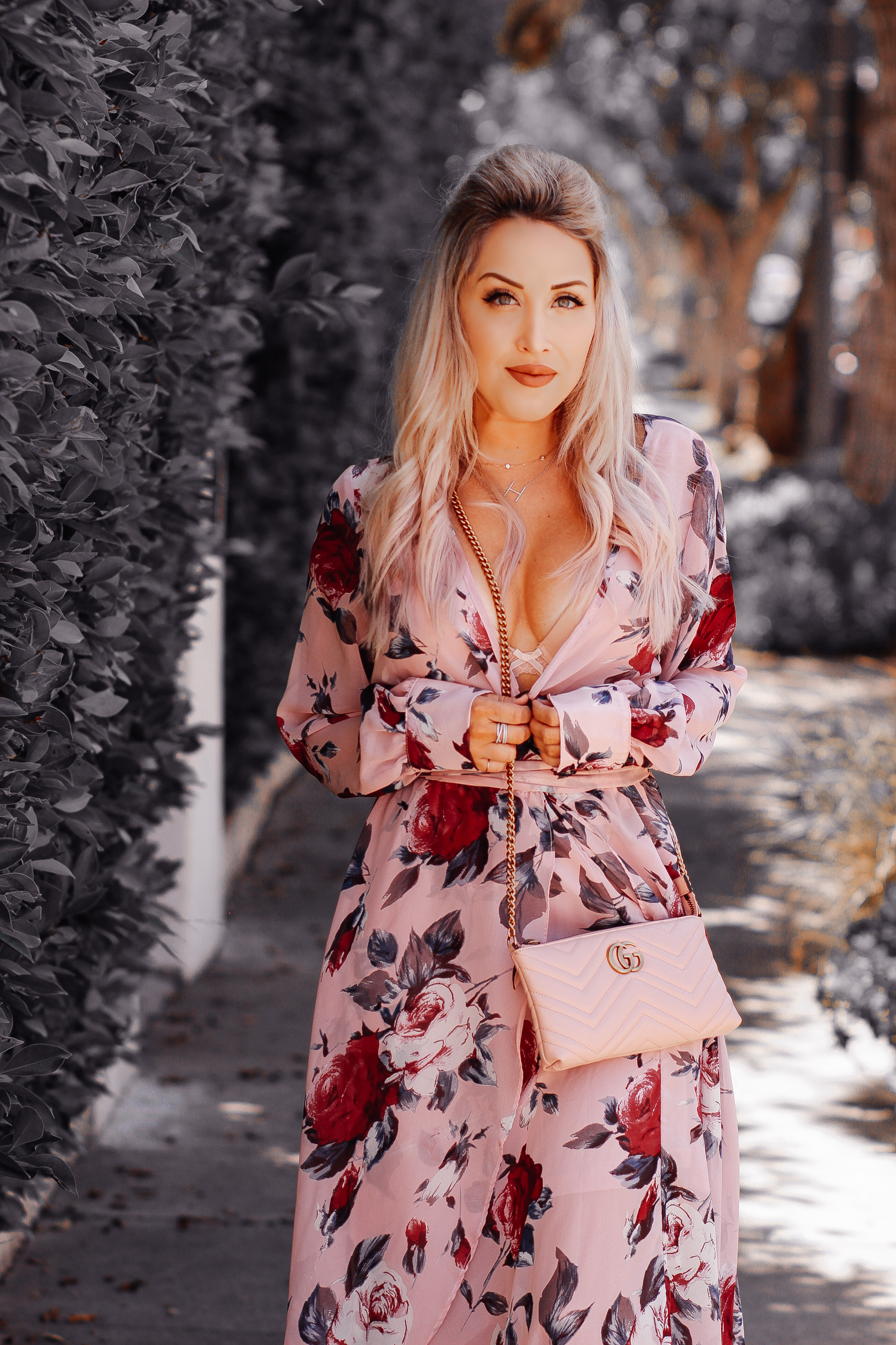 Blondie in the City | Pink & Rose Chiffon Dress | Pink Gucci Bag