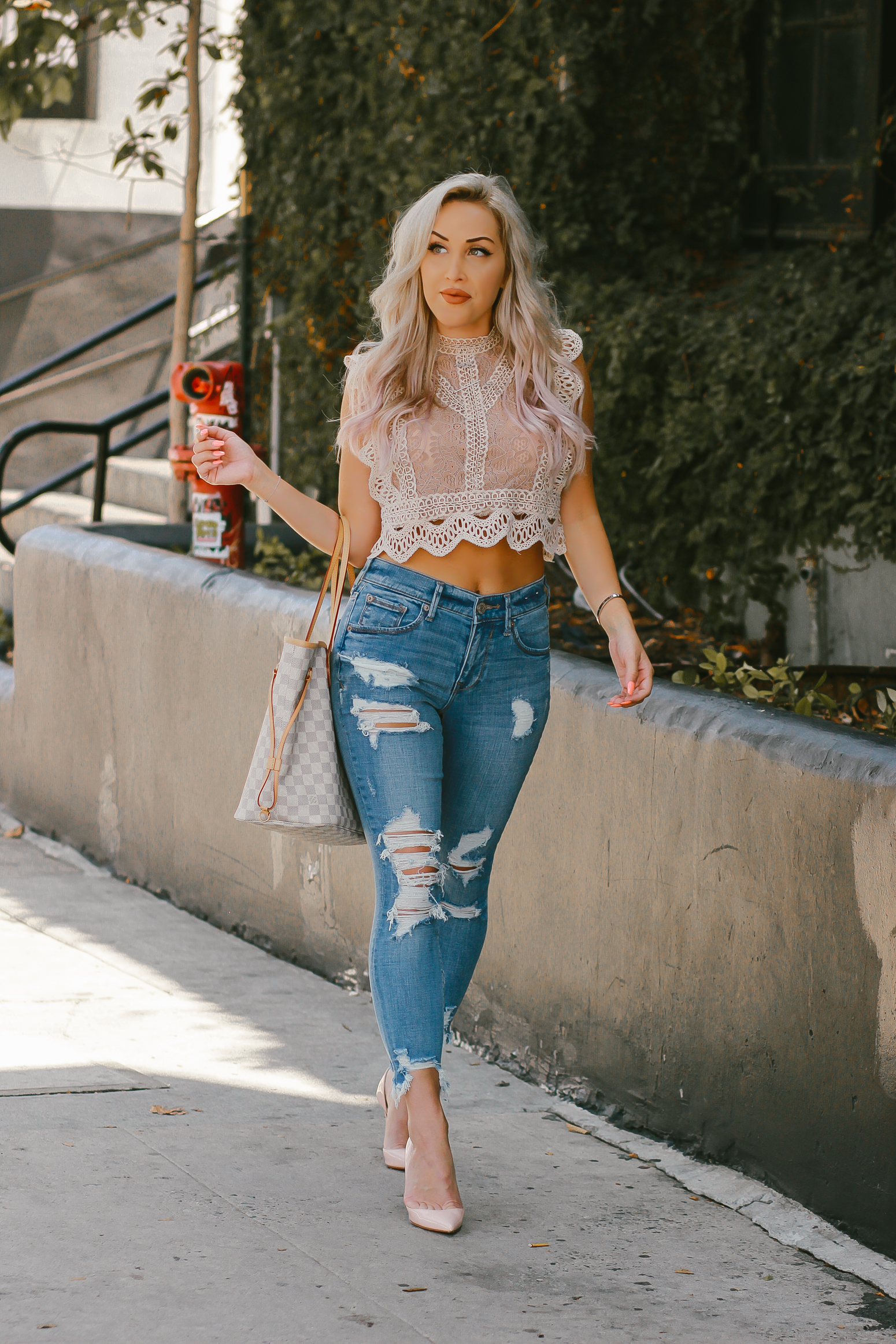 Blondie in the City |Distressed Jeans, Crochet & Lace Crop Top, Louis Vuitton Neverfull Bag