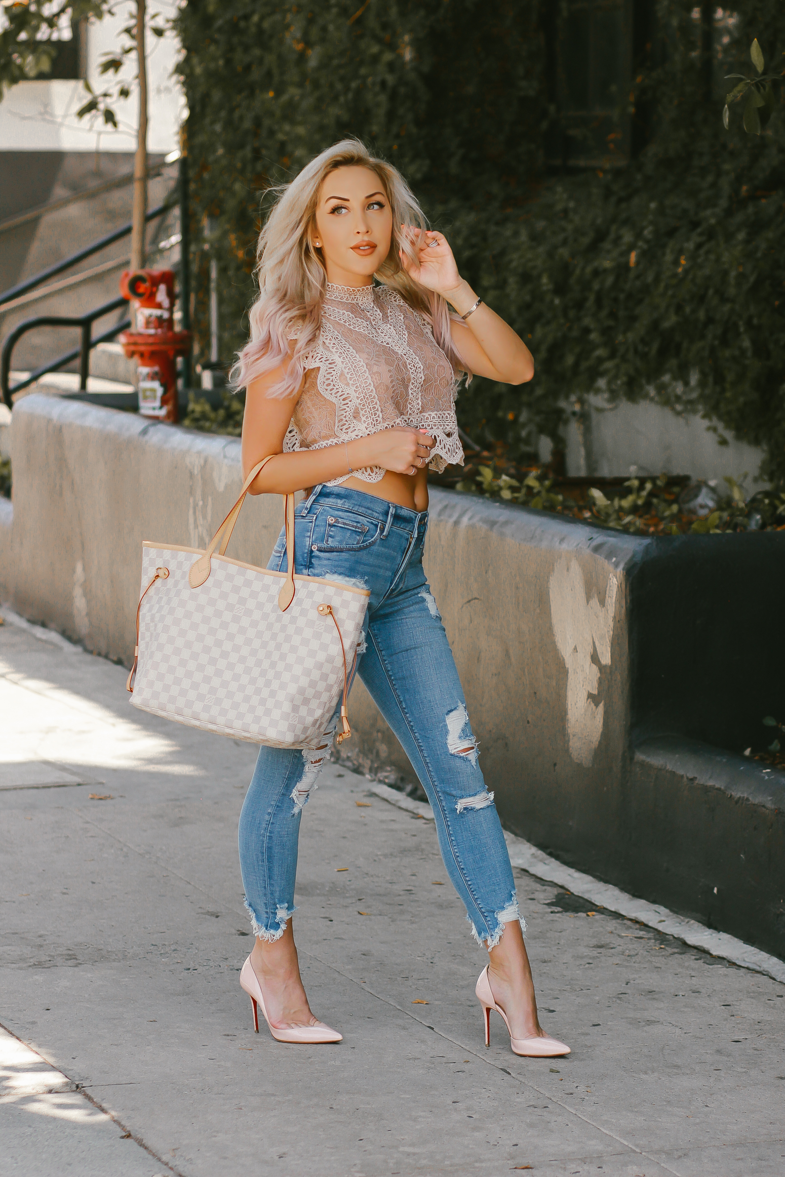 Blondie in the City |Distressed Jeans, Crochet & Lace Crop Top, Louis Vuitton Neverfull Bag