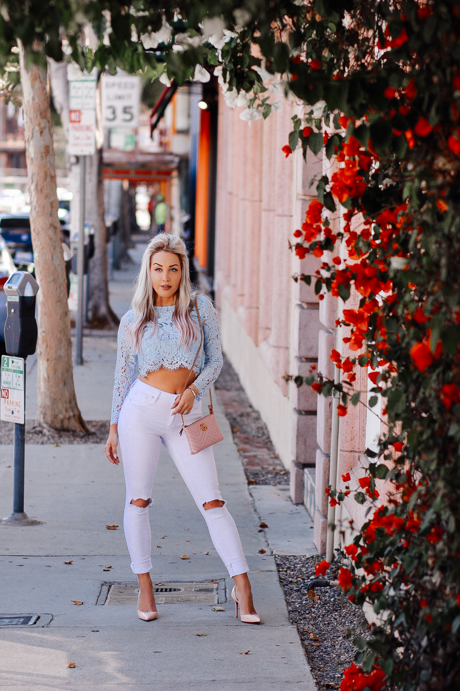 Blondie in the City | Pastel Blue Lace Crop Top, White Ripped Jeans, Pink Louboutin's, Pink Gucci Bag | LA Street Style | Fashion Bloggers
